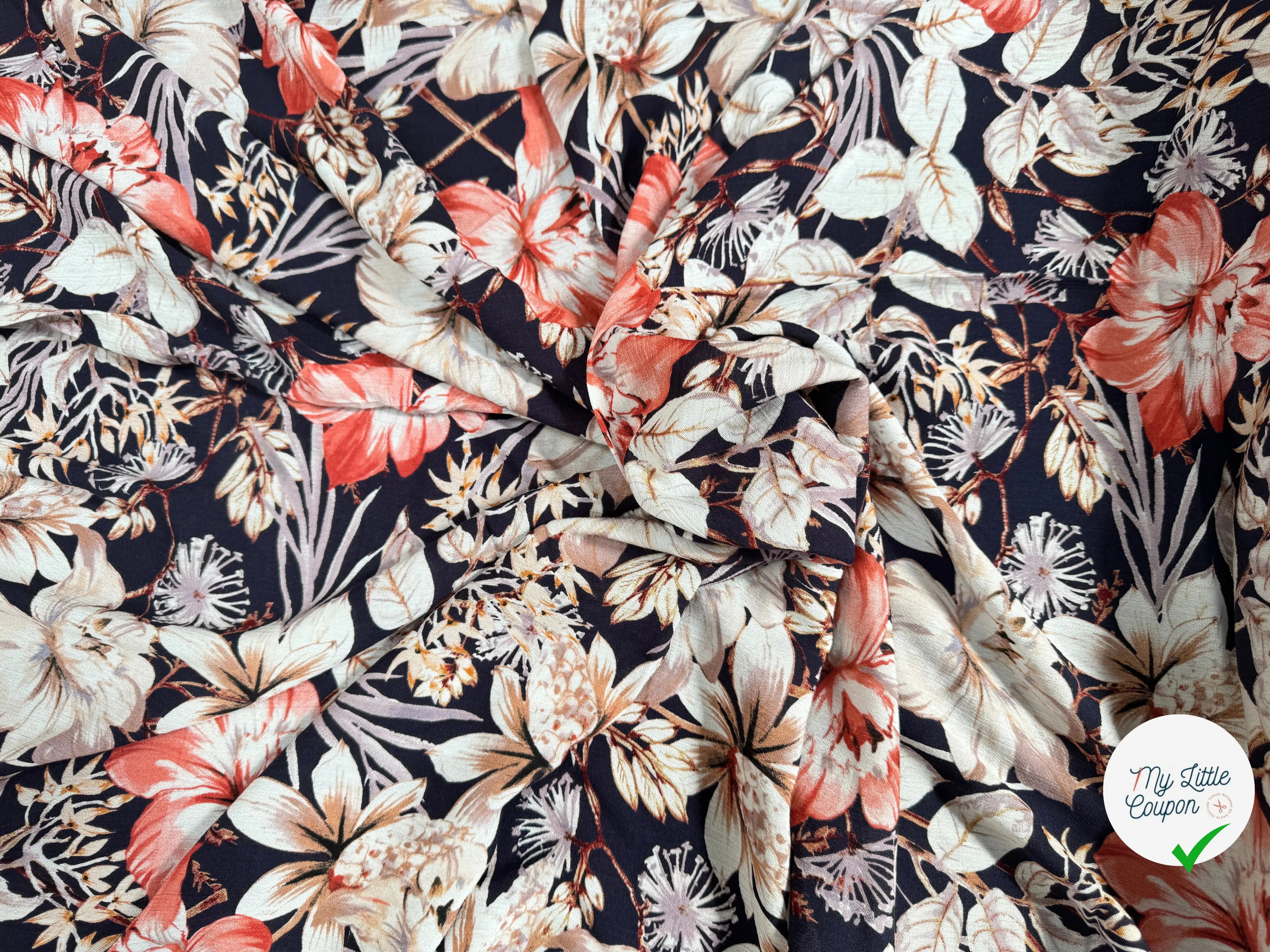 BORKEN CREPE TISSU IMPRIMÉ FLEURS BLEU MARINE - My Little Coupon
