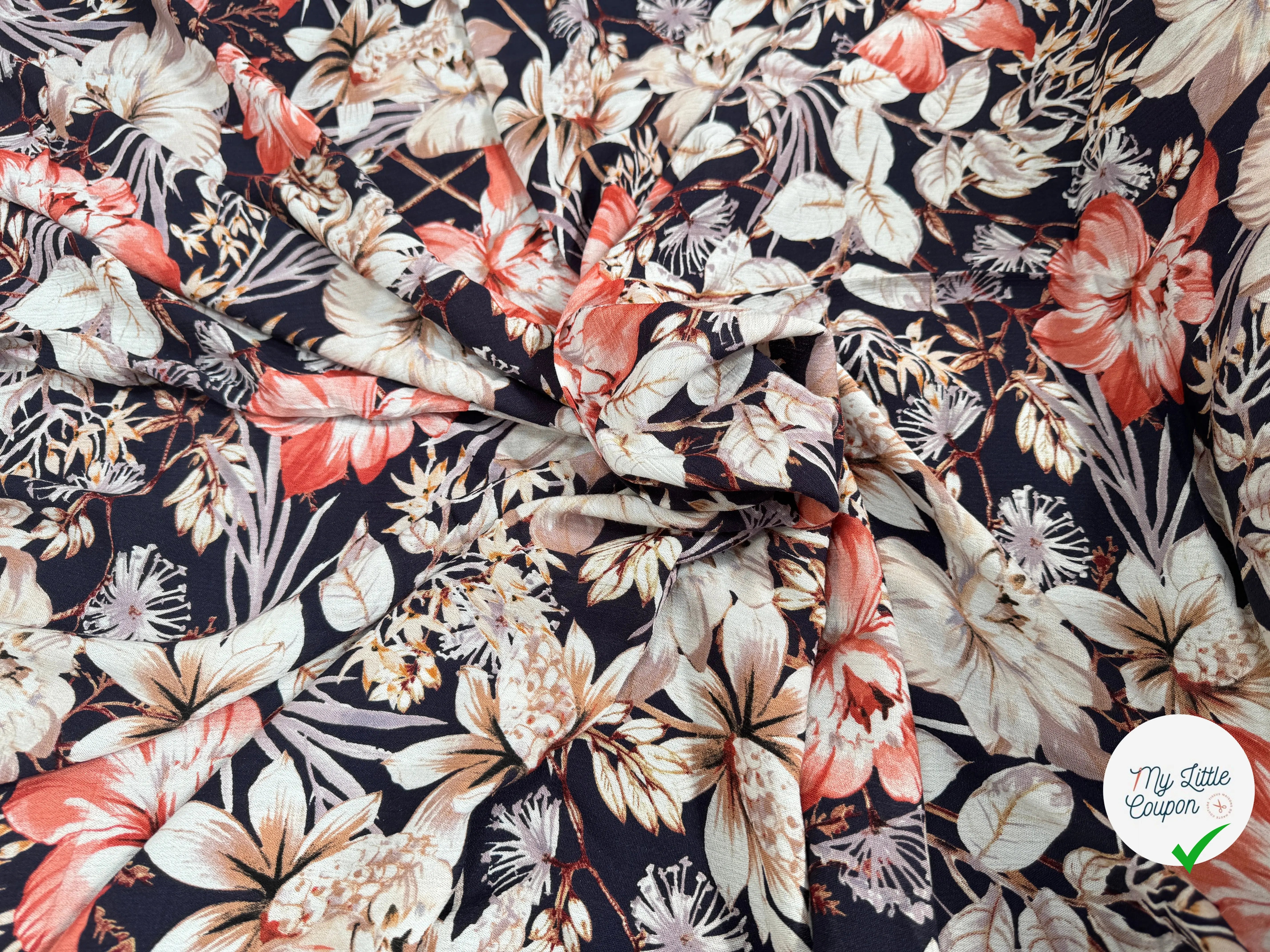 BORKEN CREPE TISSU IMPRIMÉ FLEURS BLEU MARINE - My Little Coupon