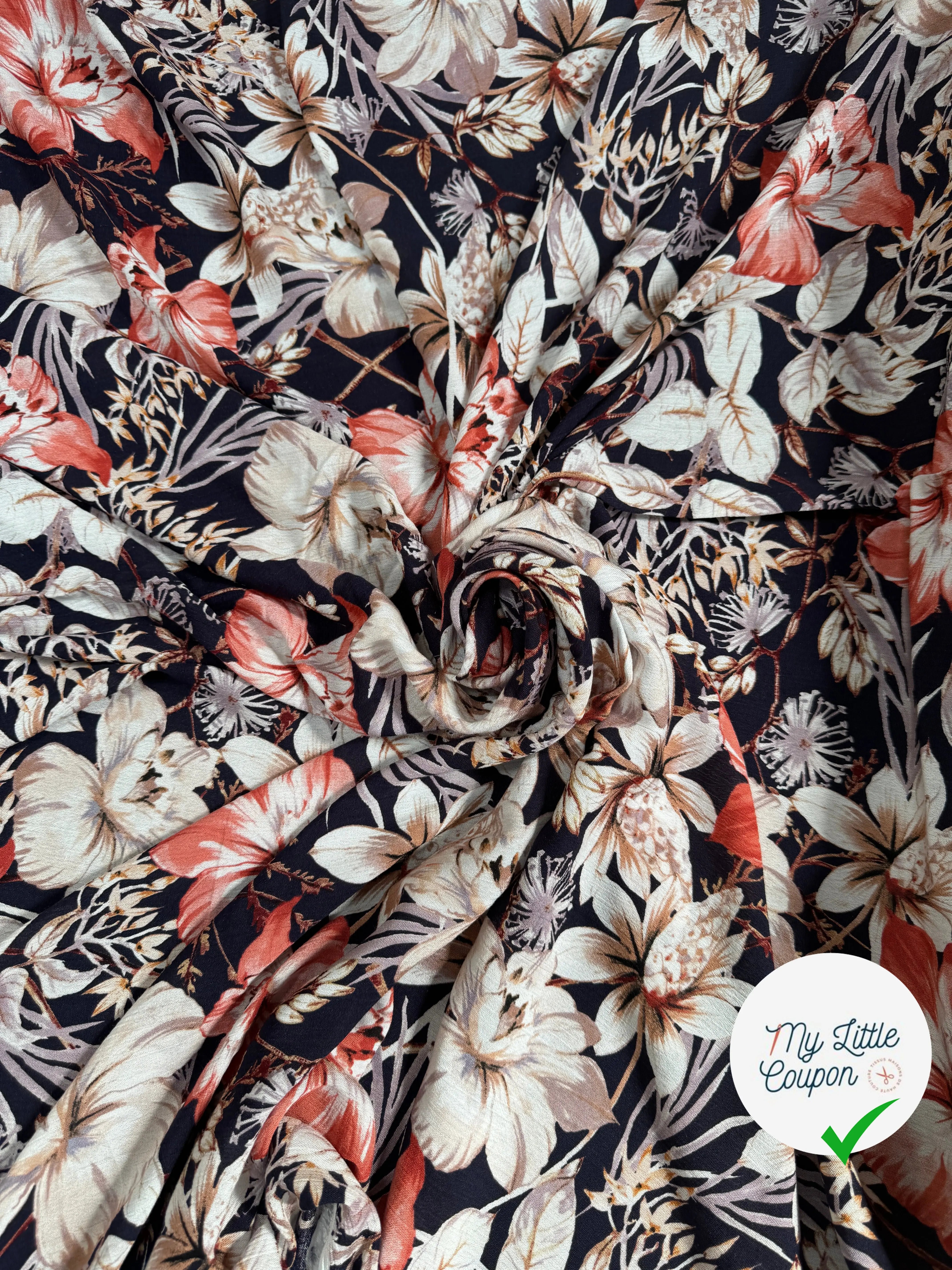 BORKEN CREPE TISSU IMPRIMÉ FLEURS BLEU MARINE - My Little Coupon