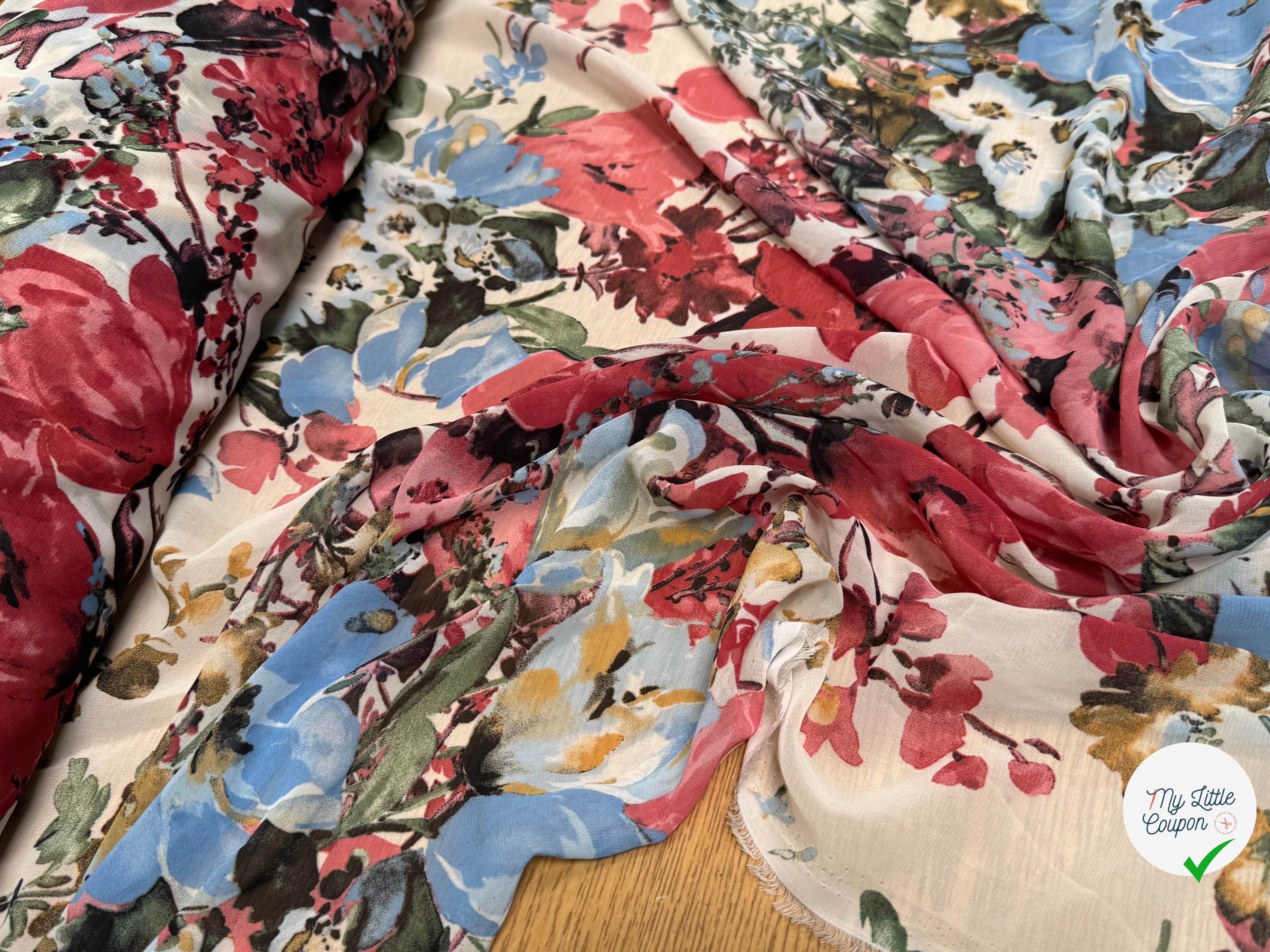 CHIFFON IMPRIMÉ GROSSES FLEURS BLEU ROUGE ULTRA BEAU - My Little Coupon