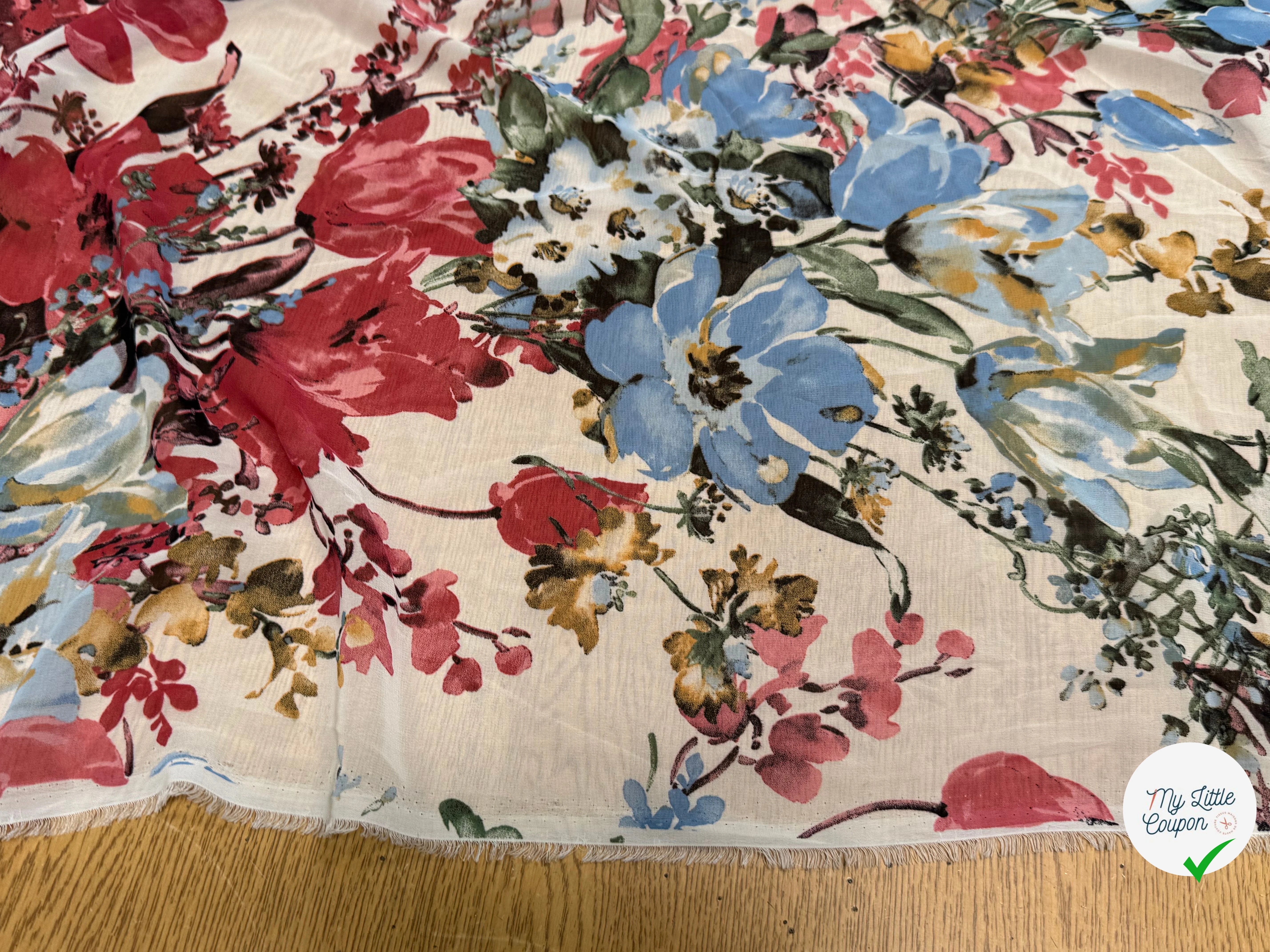 CHIFFON IMPRIMÉ GROSSES FLEURS BLEU ROUGE ULTRA BEAU - My Little Coupon