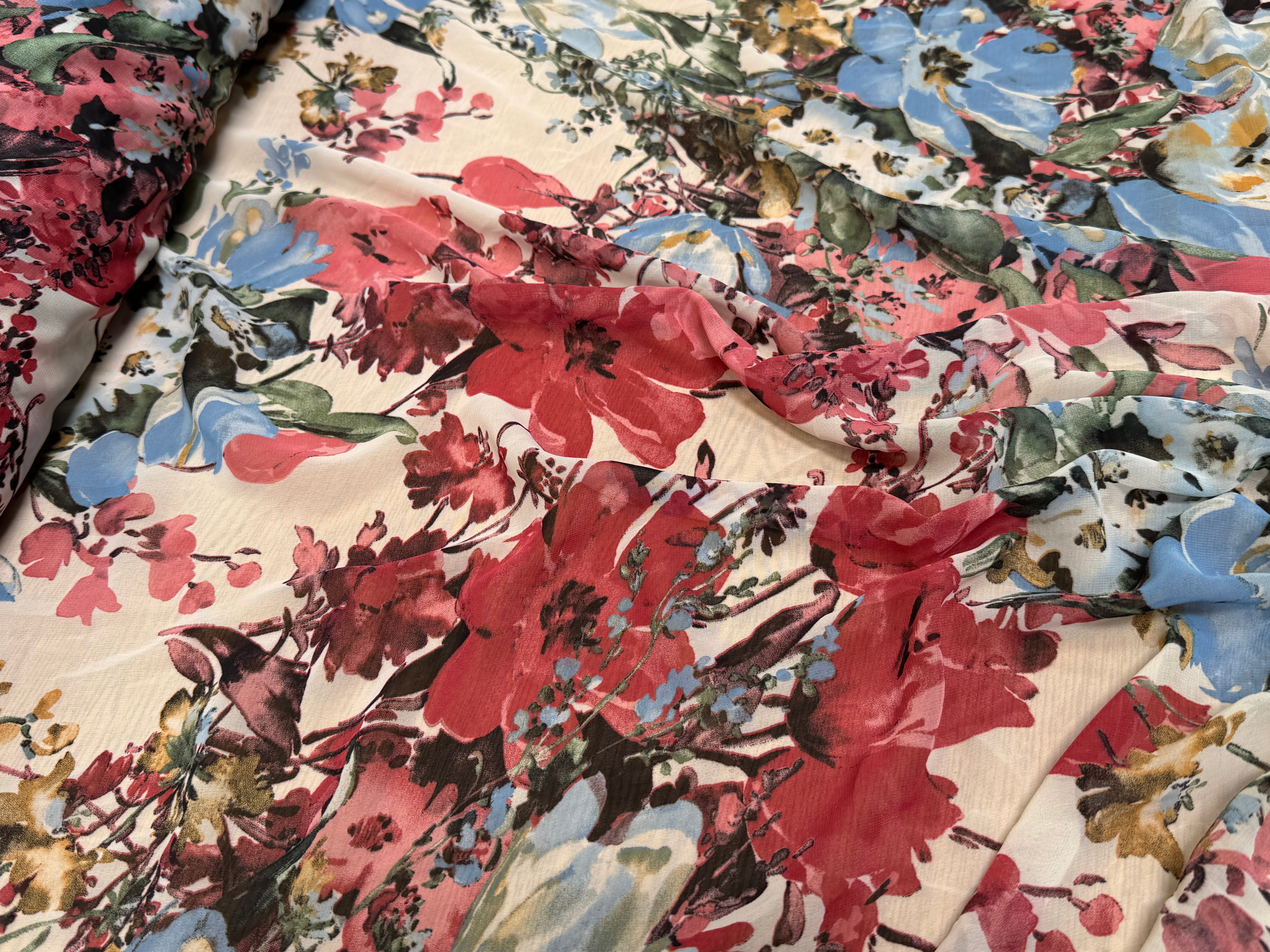 CHIFFON IMPRIMÉ GROSSES FLEURS BLEU ROUGE ULTRA BEAU - My Little Coupon