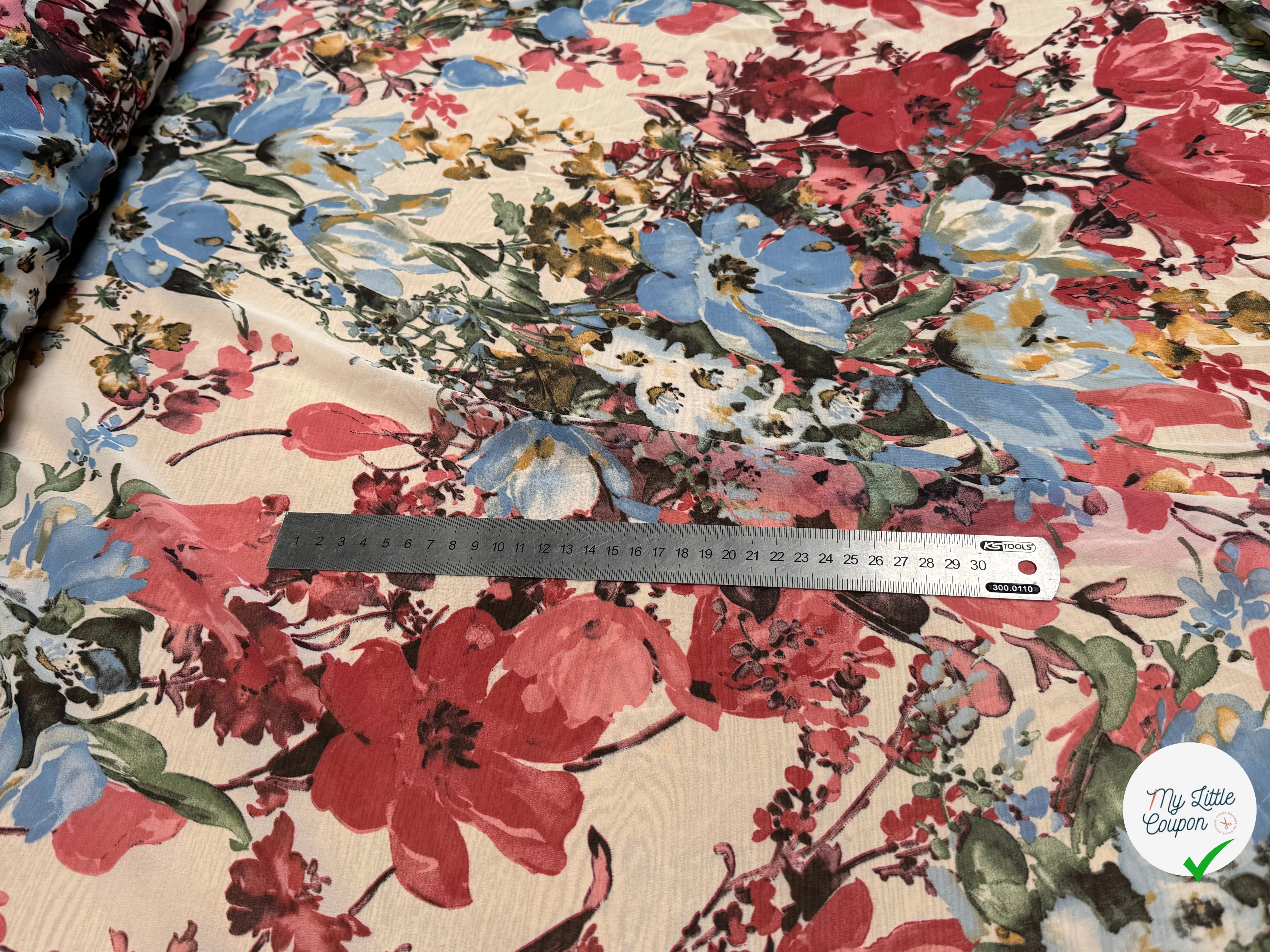 CHIFFON IMPRIMÉ GROSSES FLEURS BLEU ROUGE ULTRA BEAU - My Little Coupon