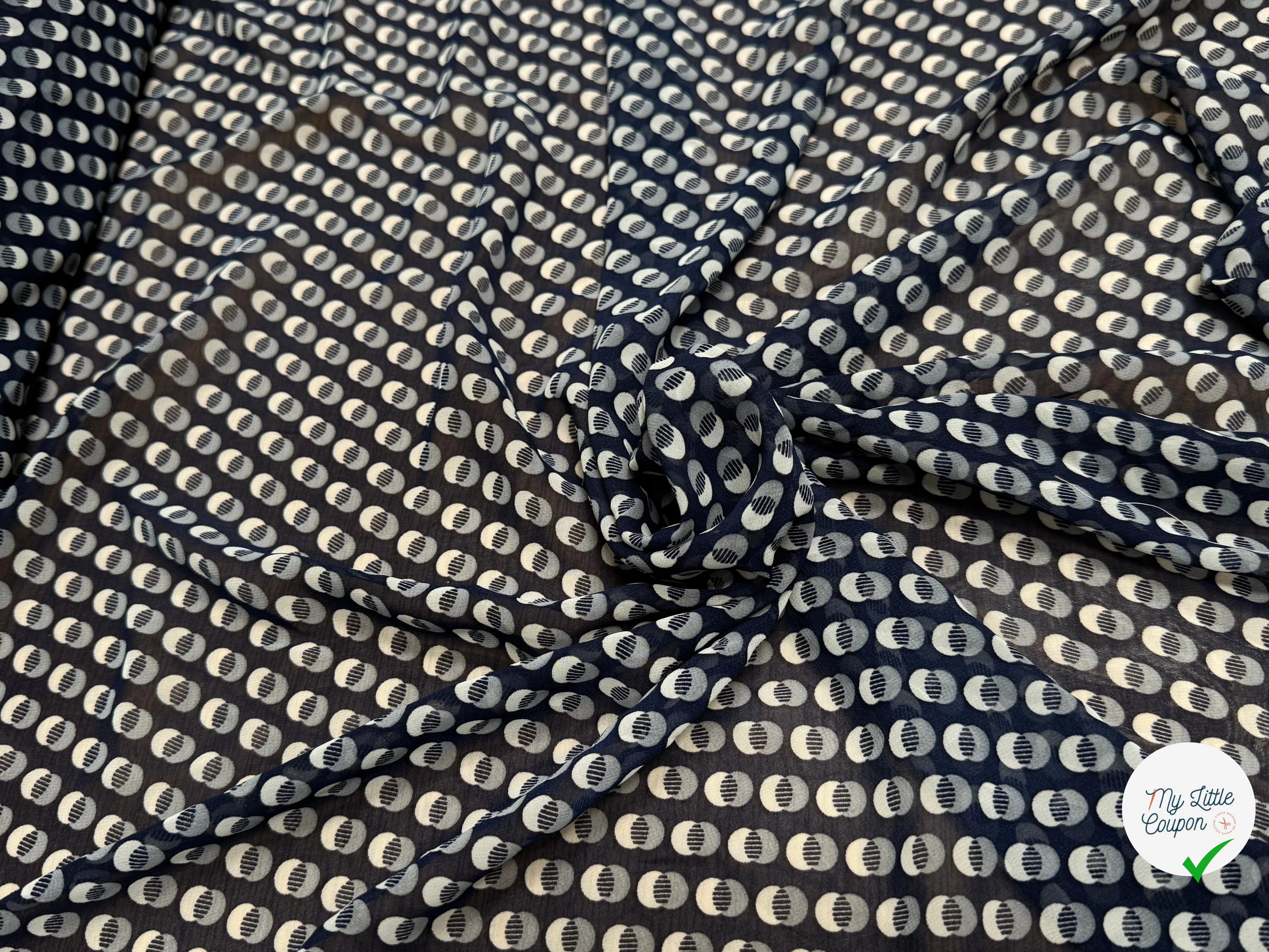 CHIFFON IMPRIMÉ MOTIFS CIRCULAIRES À OMBRE FOND MARINE - My Little Coupon