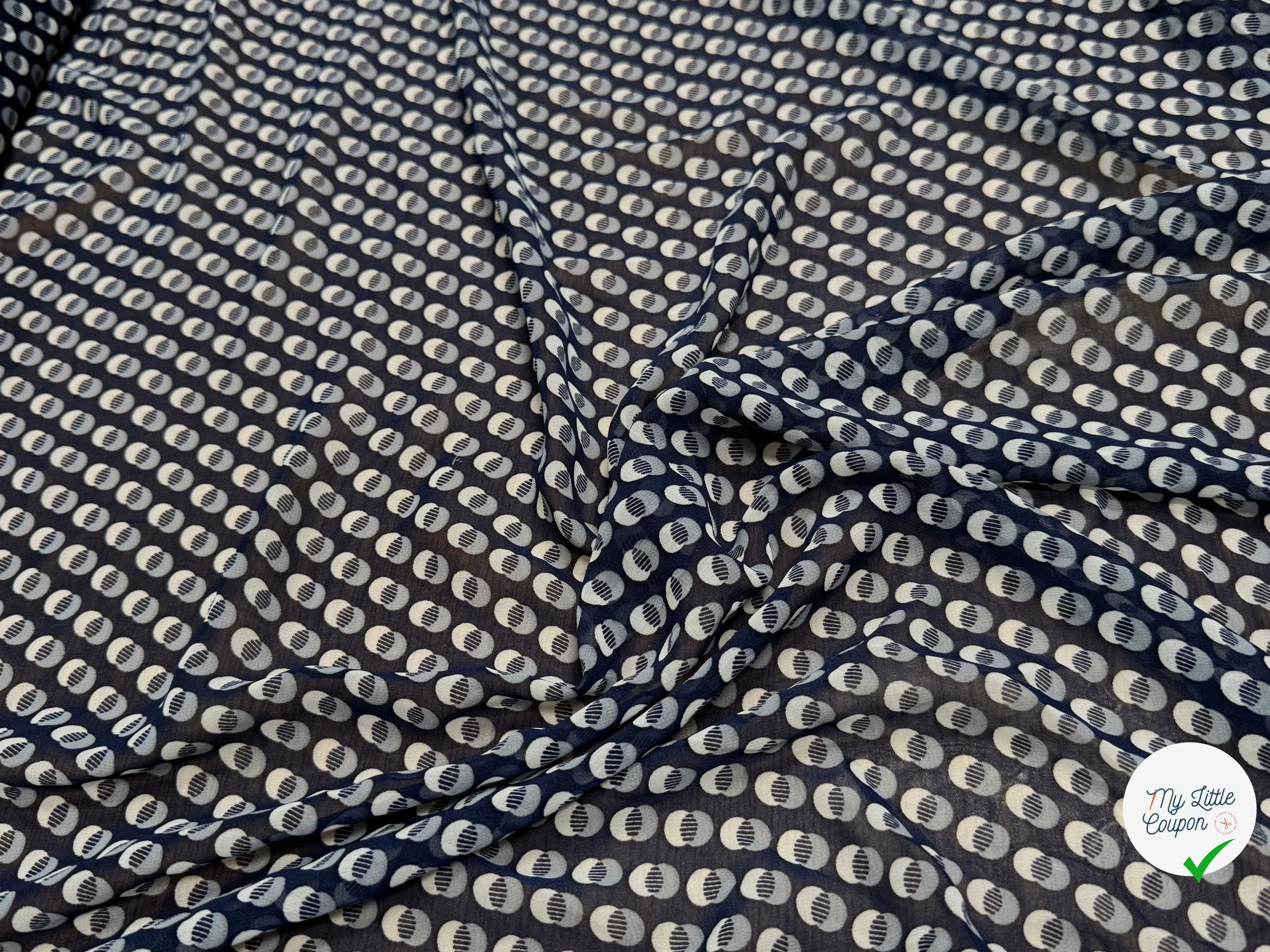 CHIFFON IMPRIMÉ MOTIFS CIRCULAIRES À OMBRE FOND MARINE - My Little Coupon