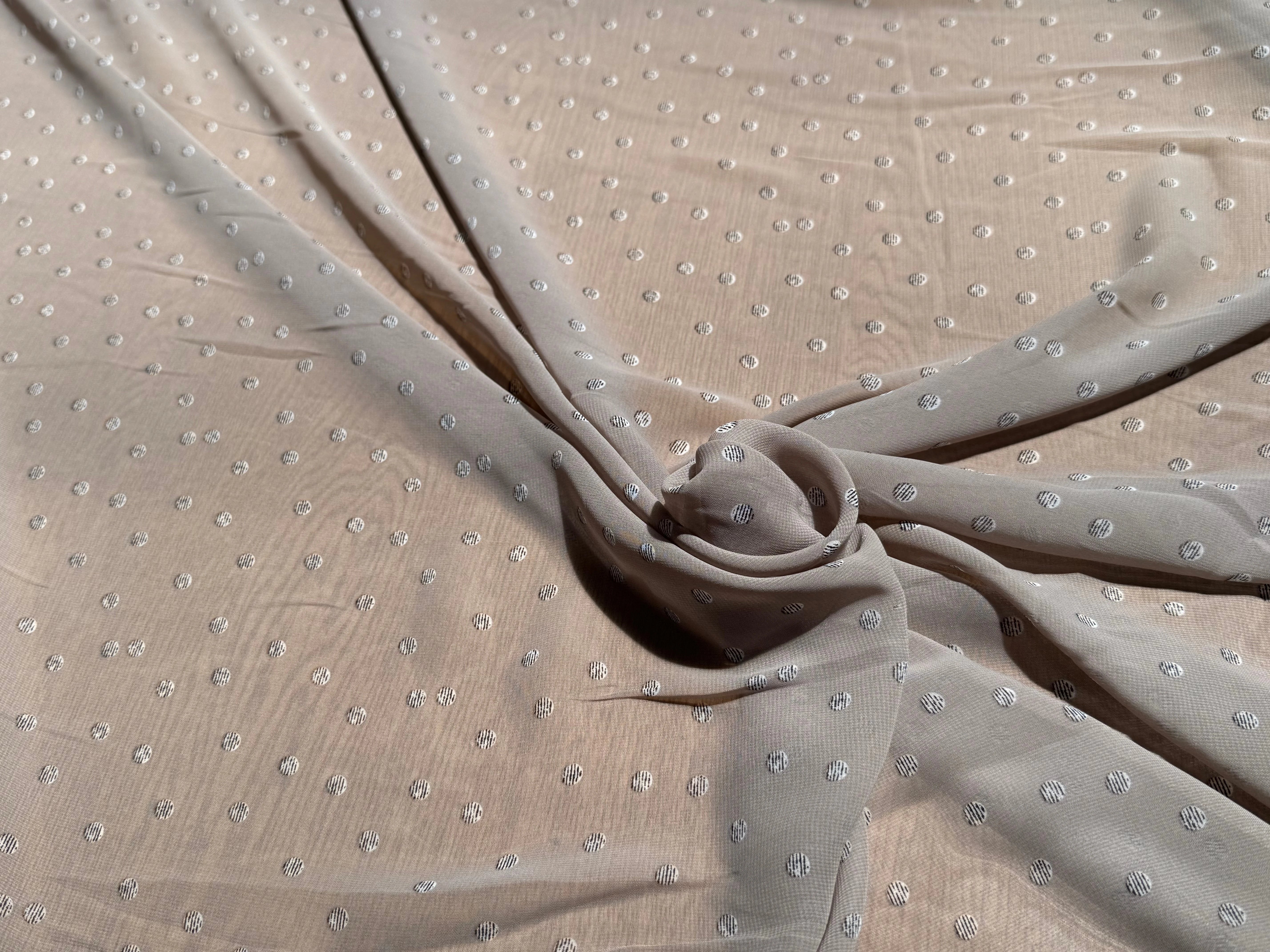 CHIFFON IMPRIMÉ POIS RAYÉS FOND BEIGE CENDRÉ - My Little Coupon