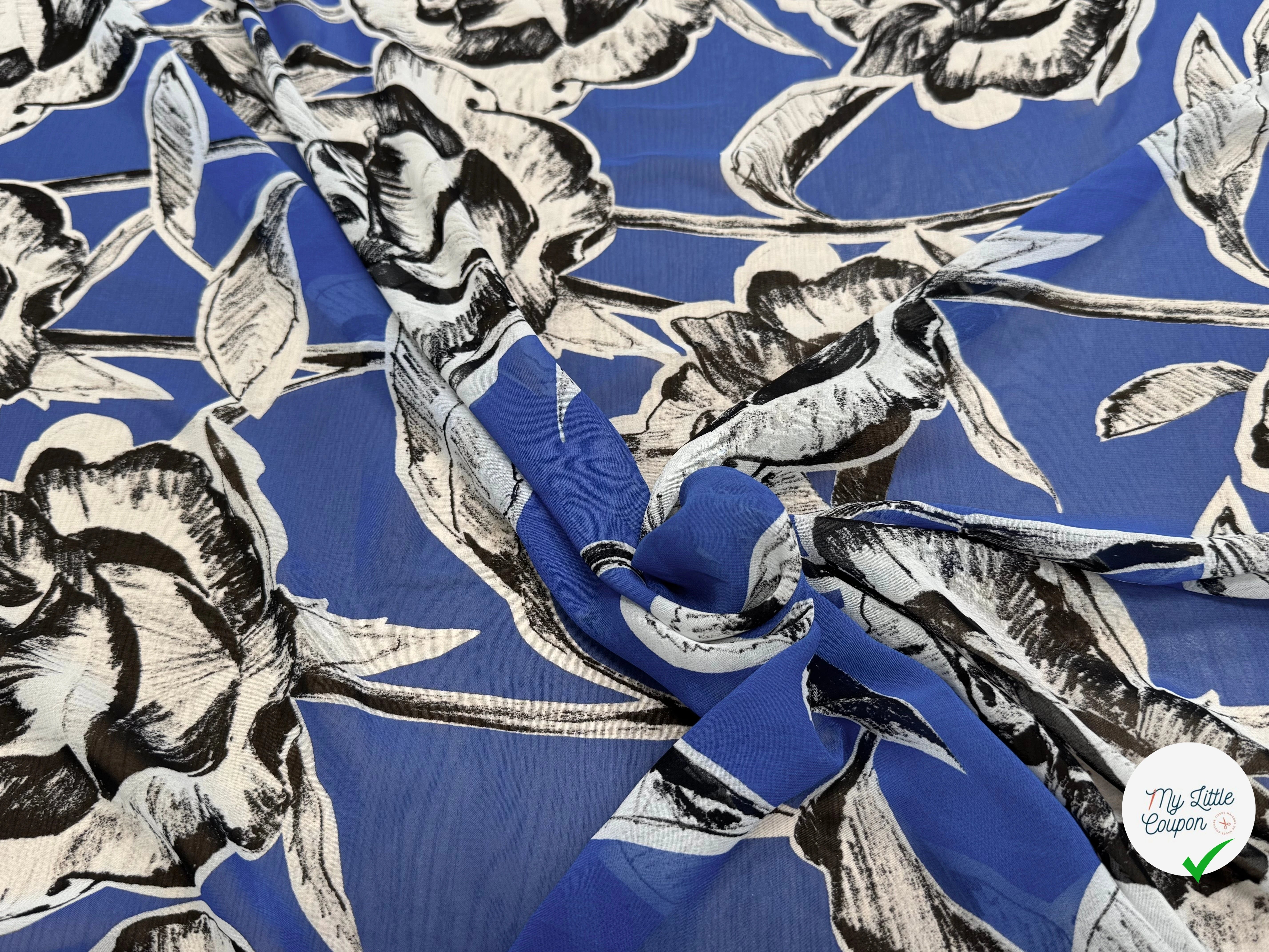 CHIFFON PRINTED FOND BLEU GROSSES FLEURS BLANC NOIR - My Little Coupon