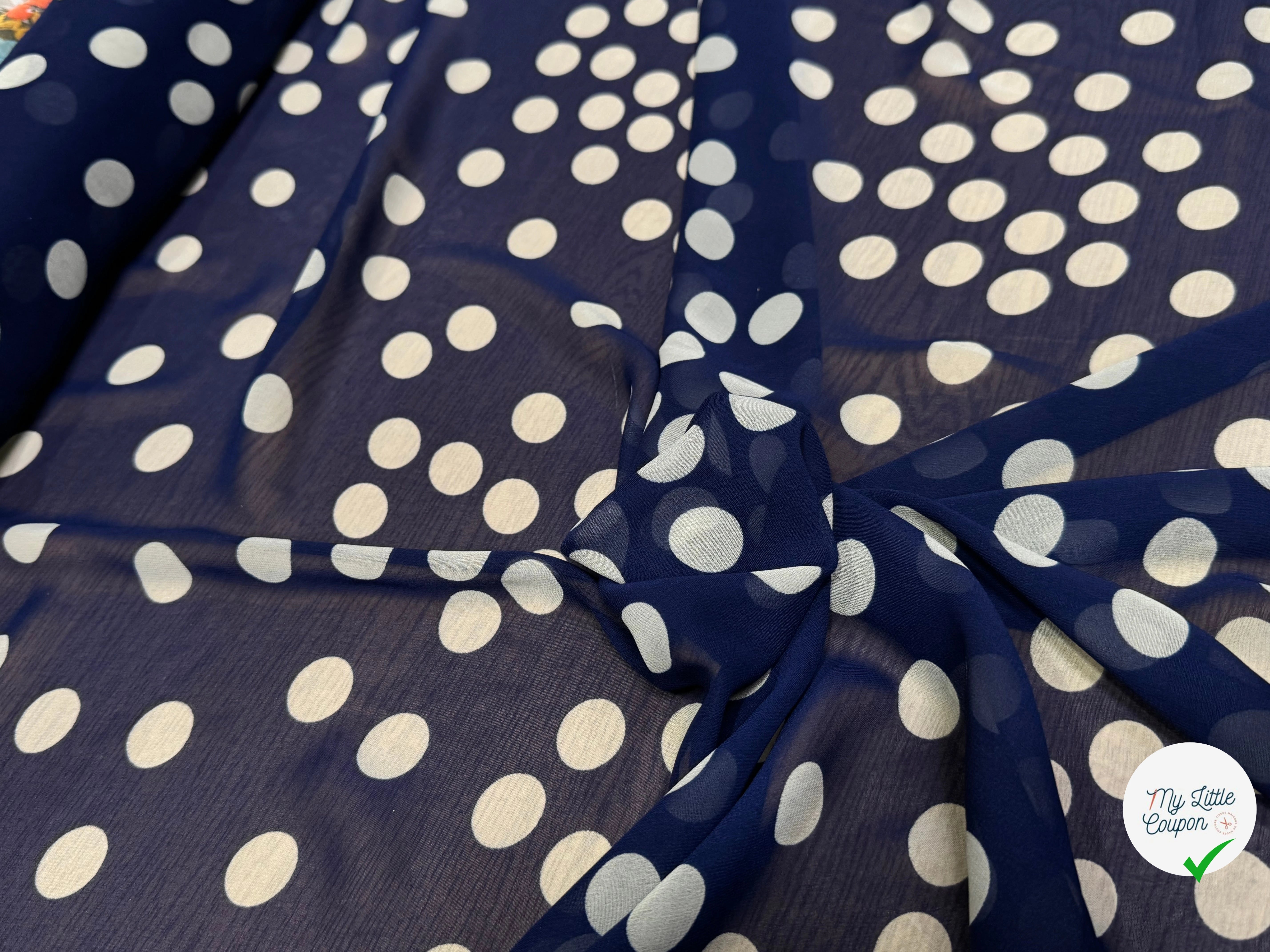 CHIFFON PRINTED GROS POIS BLANC CASSÉ FOND MARINE - My Little Coupon