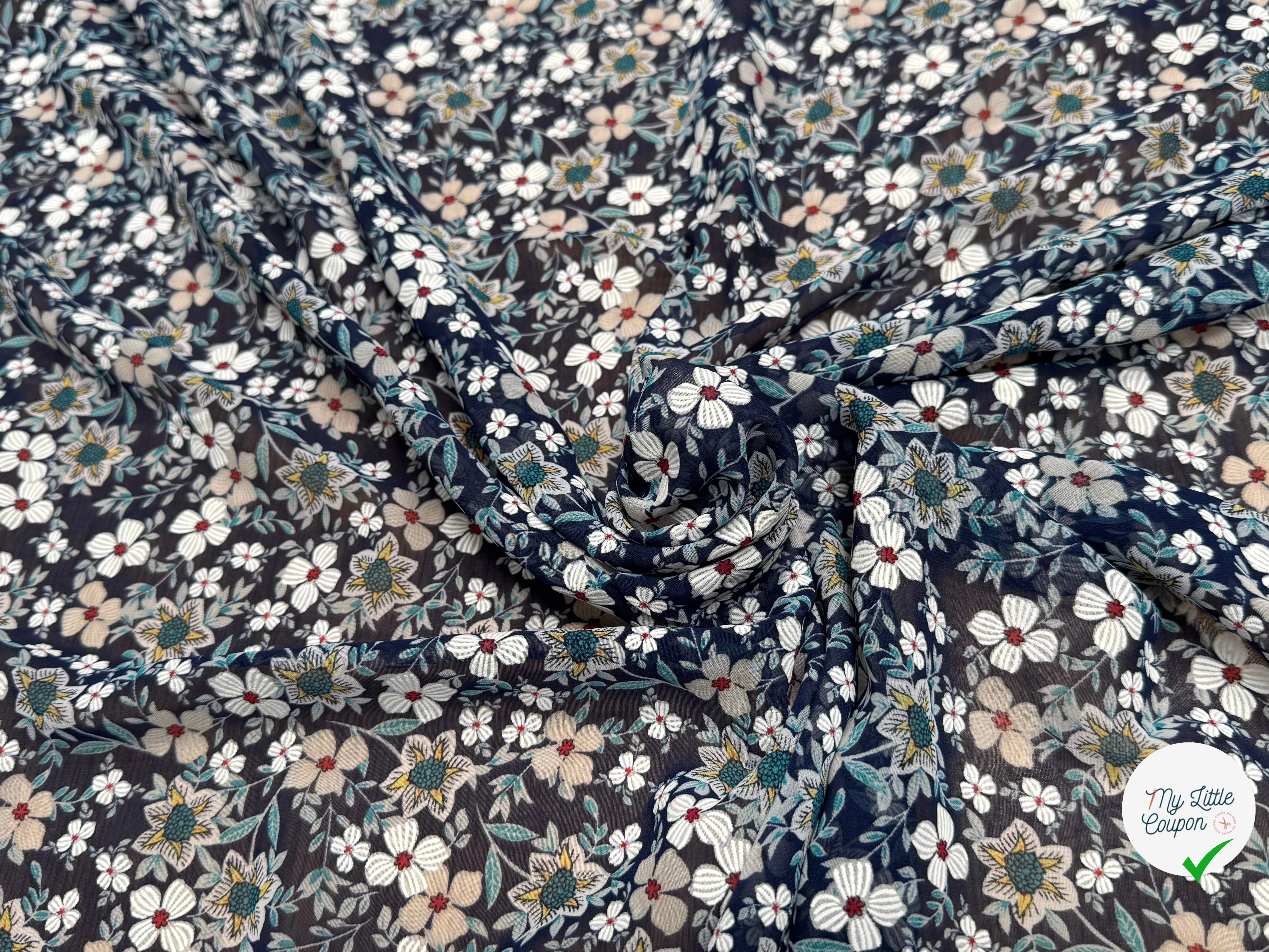 CHIFFON PRINTED JOLIES FLEURS MULTICOLORES FOND MARINE - My Little Coupon