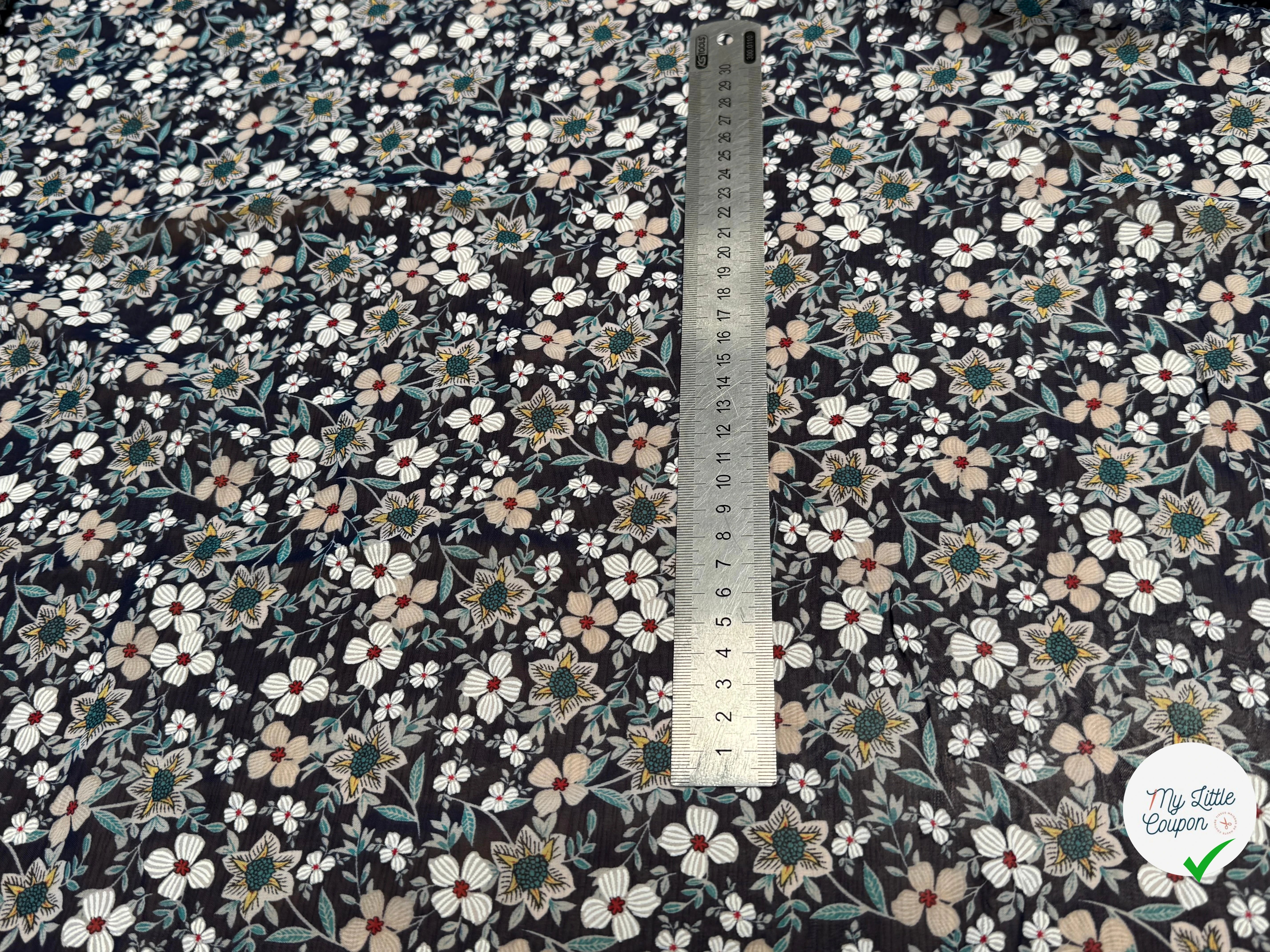 CHIFFON PRINTED JOLIES FLEURS MULTICOLORES FOND MARINE - My Little Coupon