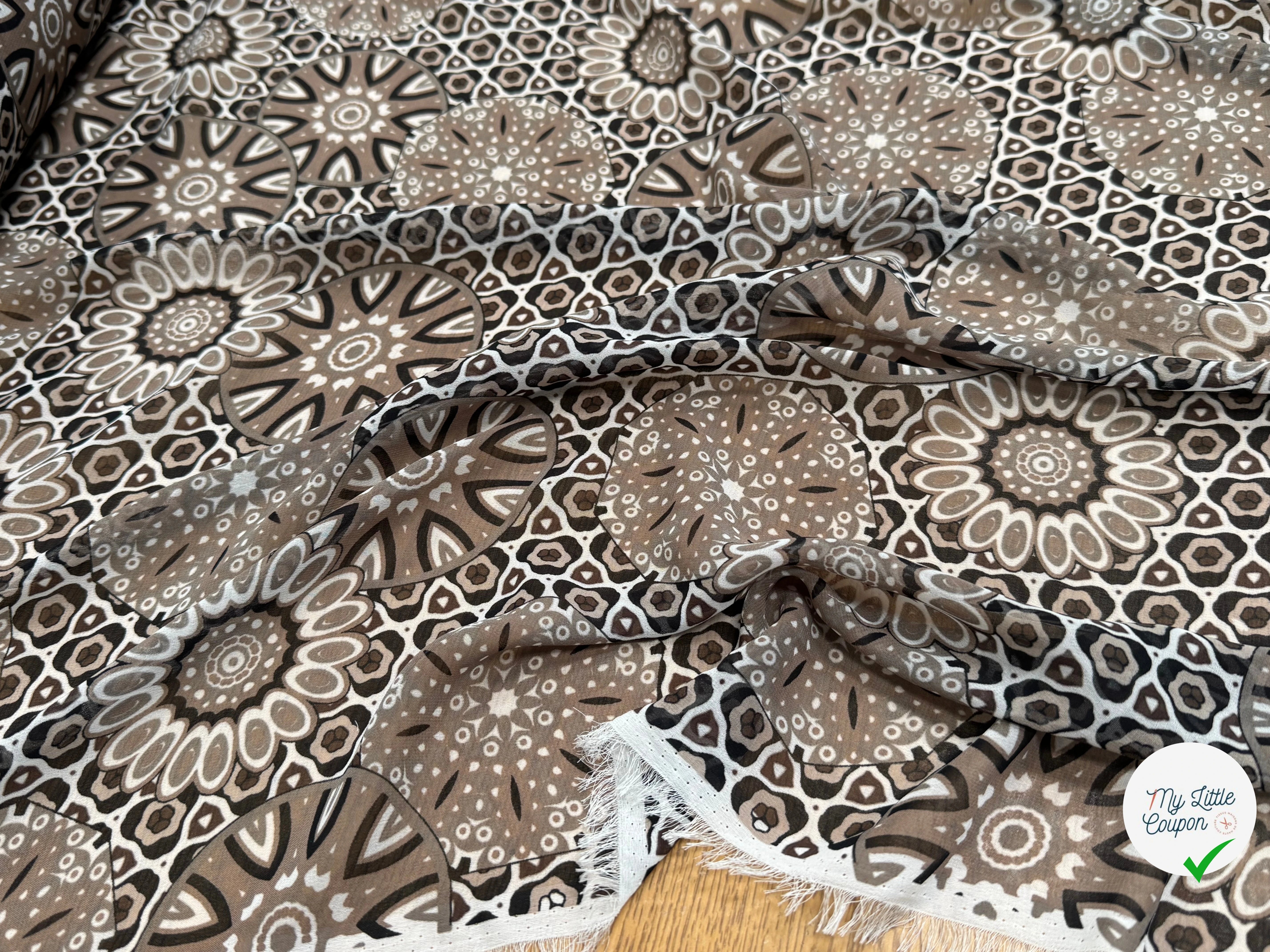 CHIFFON PRINTED MOTIF CIRCULAIRES GÉOMETRIQUES MARRON&NOIR - My Little Coupon