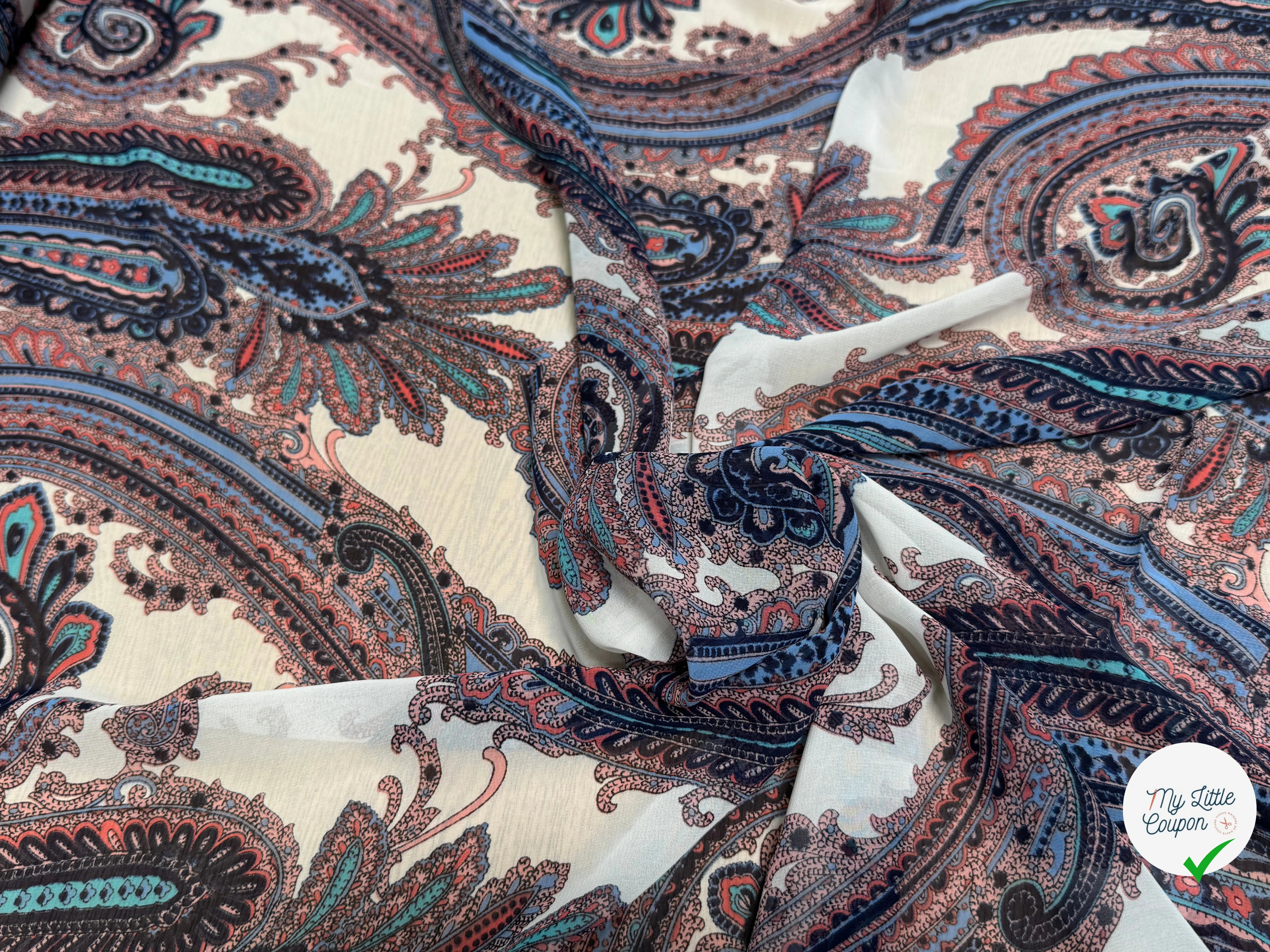 CHIFFON PRINTED MOTIFS ABSTRAITS MULTICOLORES FOND ÉCRU - My Little Coupon