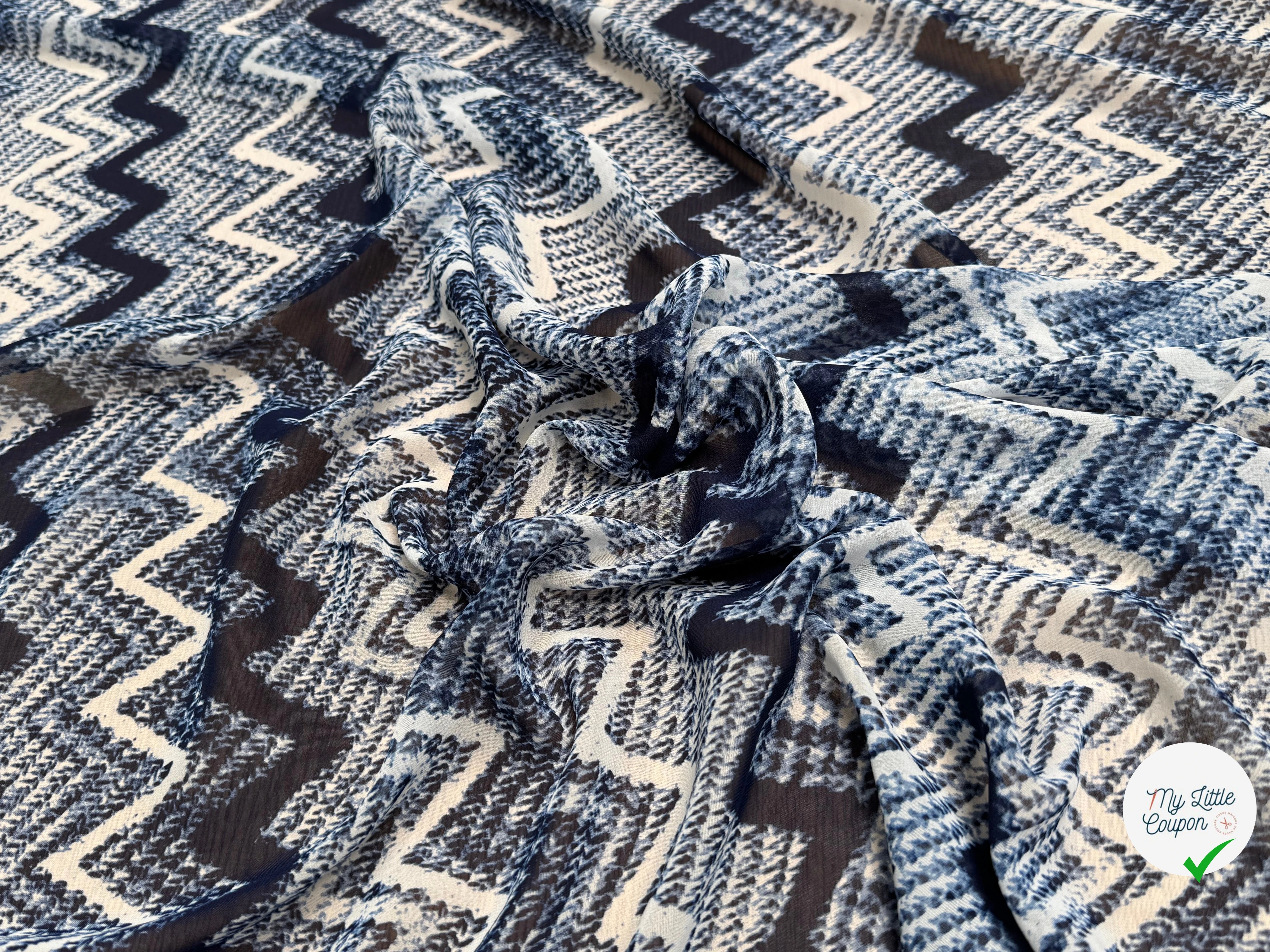 CHIFFON PRINTED RAYURES ZIG-ZAG BLEU BLANC - My Little Coupon