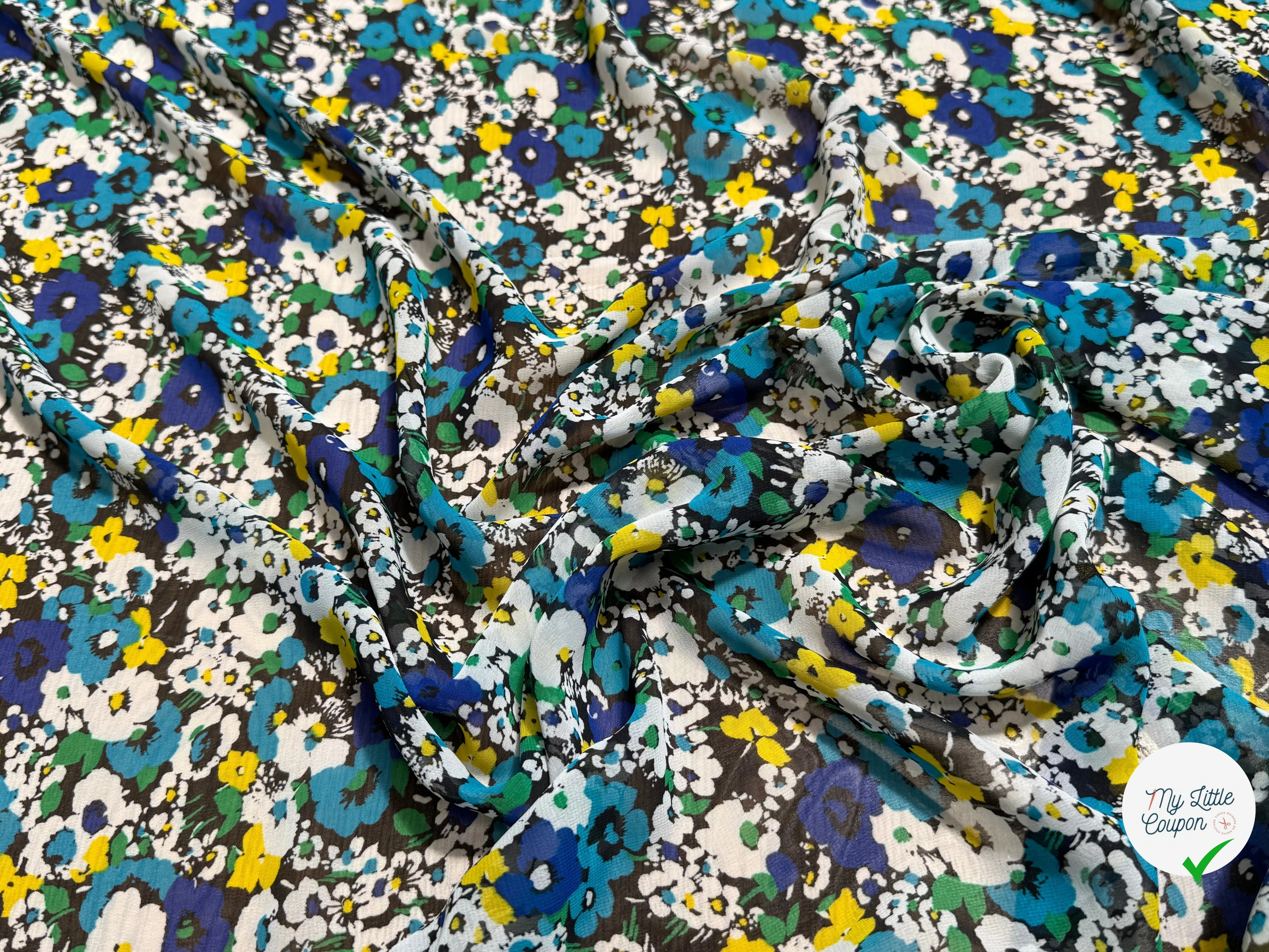 CHIFFON PRINTED TRÈS JOLIES FLEURS MULTICOLORES BLEU JAUNE&TURQUOISE - My Little Coupon