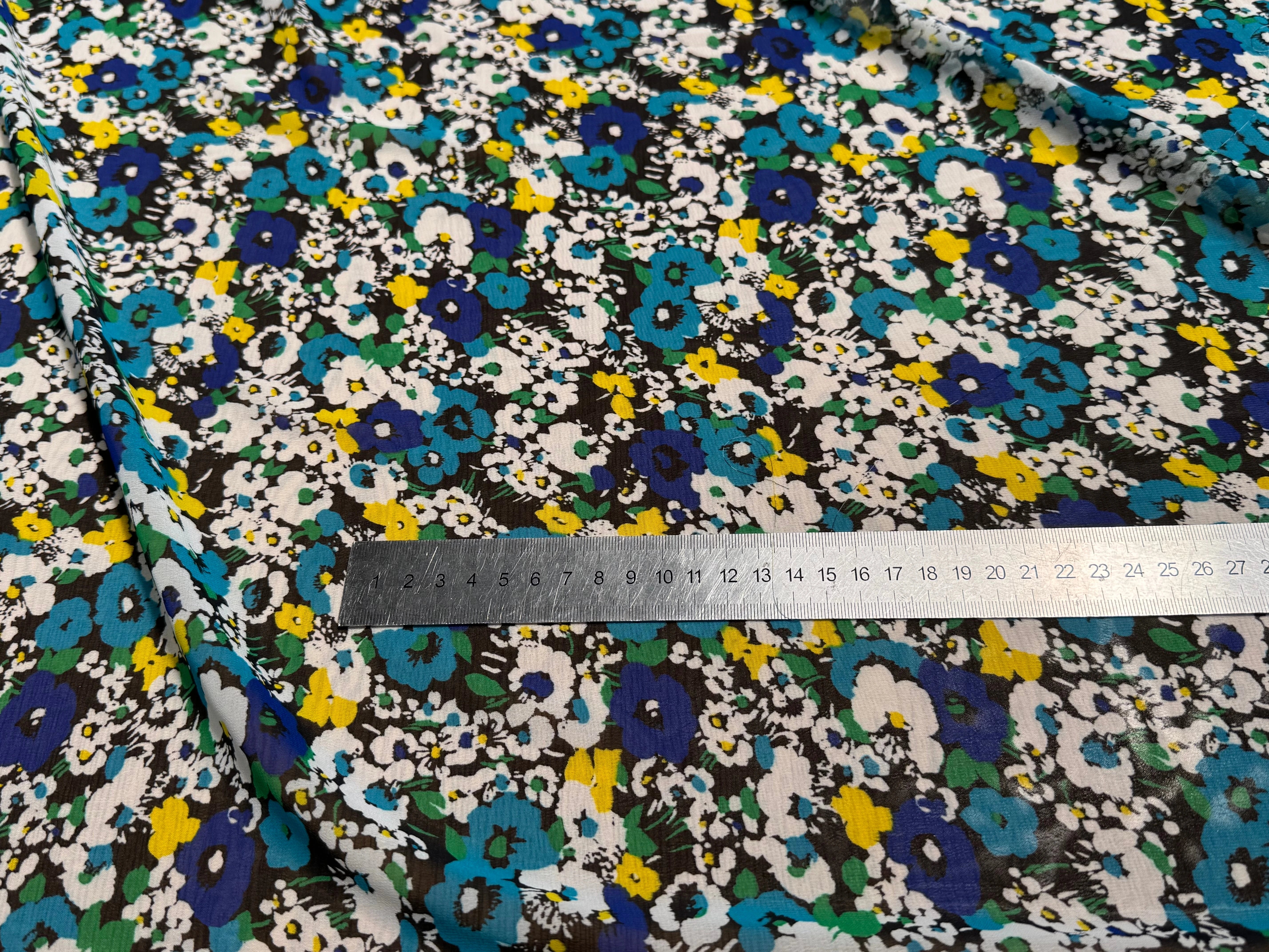 CHIFFON PRINTED TRÈS JOLIES FLEURS MULTICOLORES BLEU JAUNE&TURQUOISE - My Little Coupon