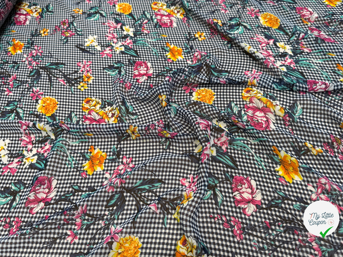 CHIFFON VICHY BLEU FLUIDE GROSSES FLEURS SUPER BEAU - My Little Coupon