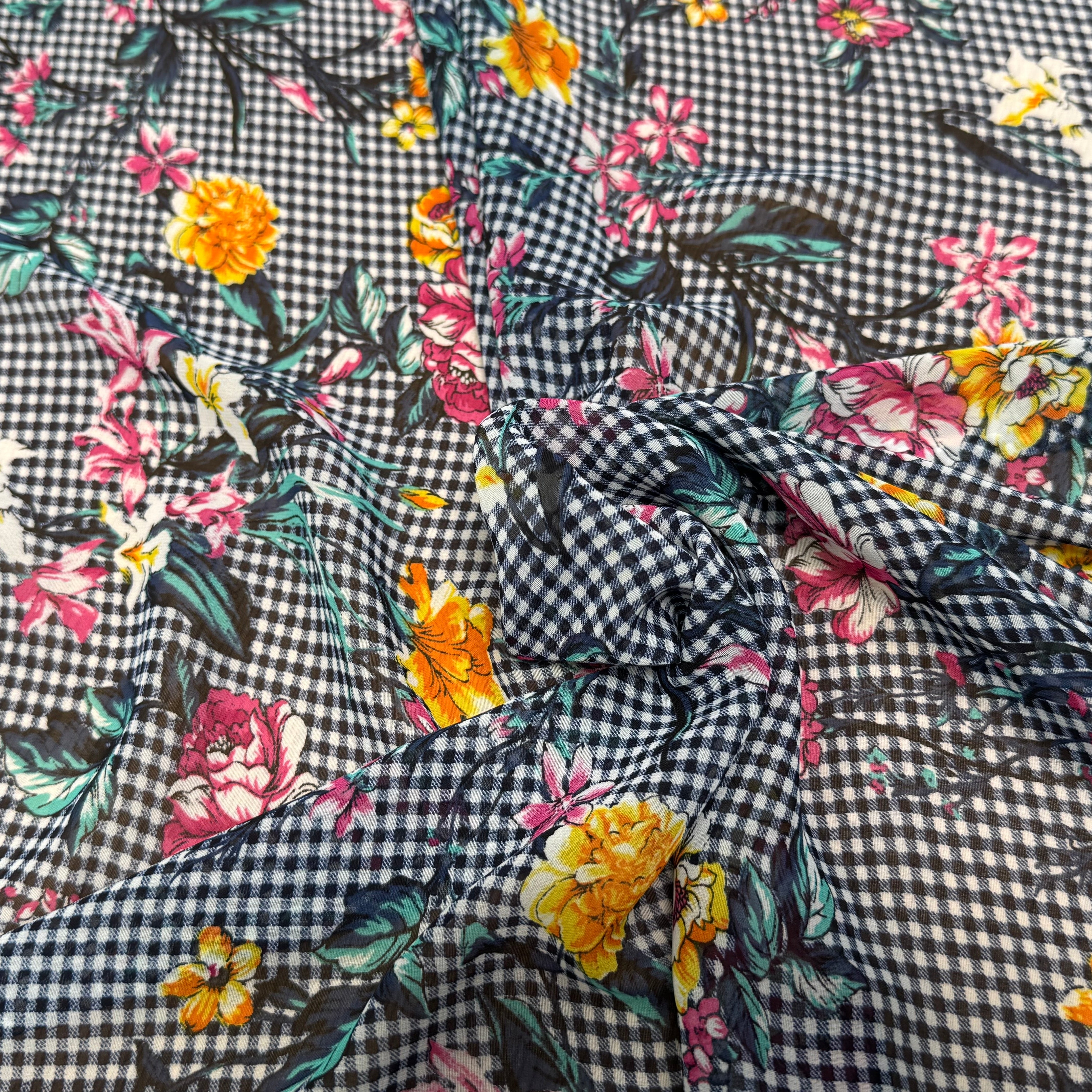 CHIFFON VICHY BLEU FLUIDE GROSSES FLEURS SUPER BEAU - My Little Coupon