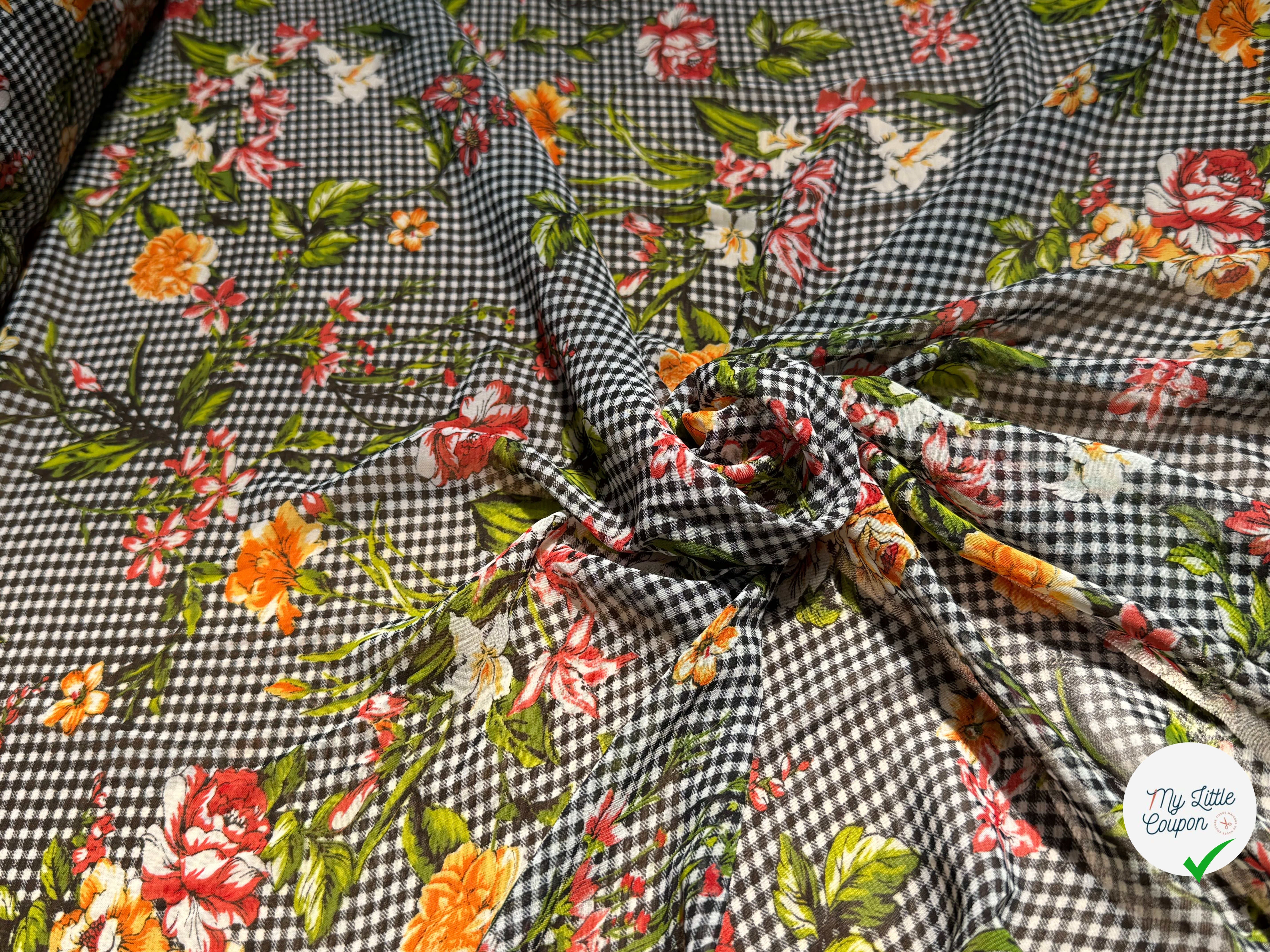 CHIFFON VICHY NOIR FLUIDE GROSSES FLEURS SUPER BEAU - My Little Coupon