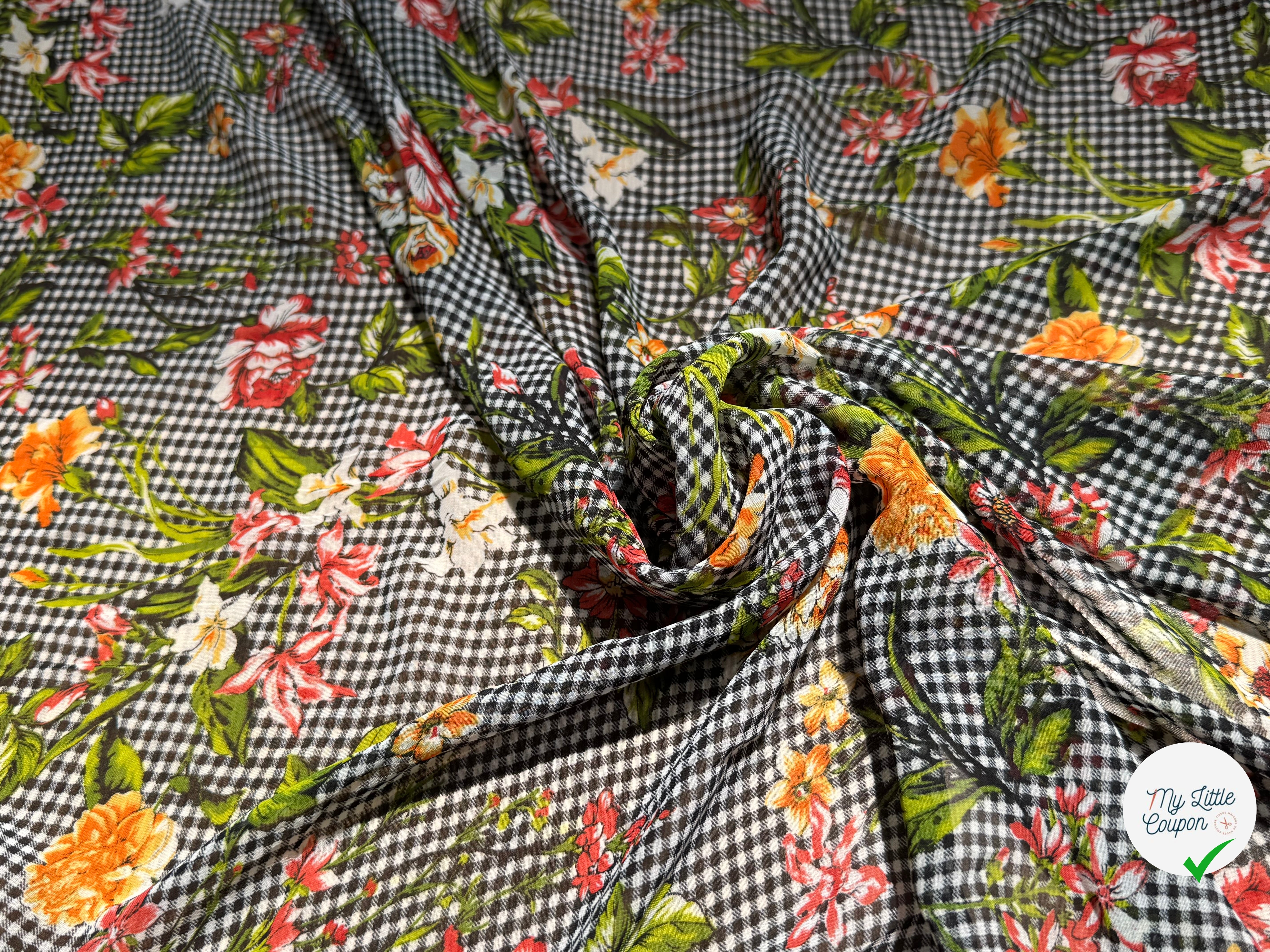 CHIFFON VICHY NOIR FLUIDE GROSSES FLEURS SUPER BEAU - My Little Coupon