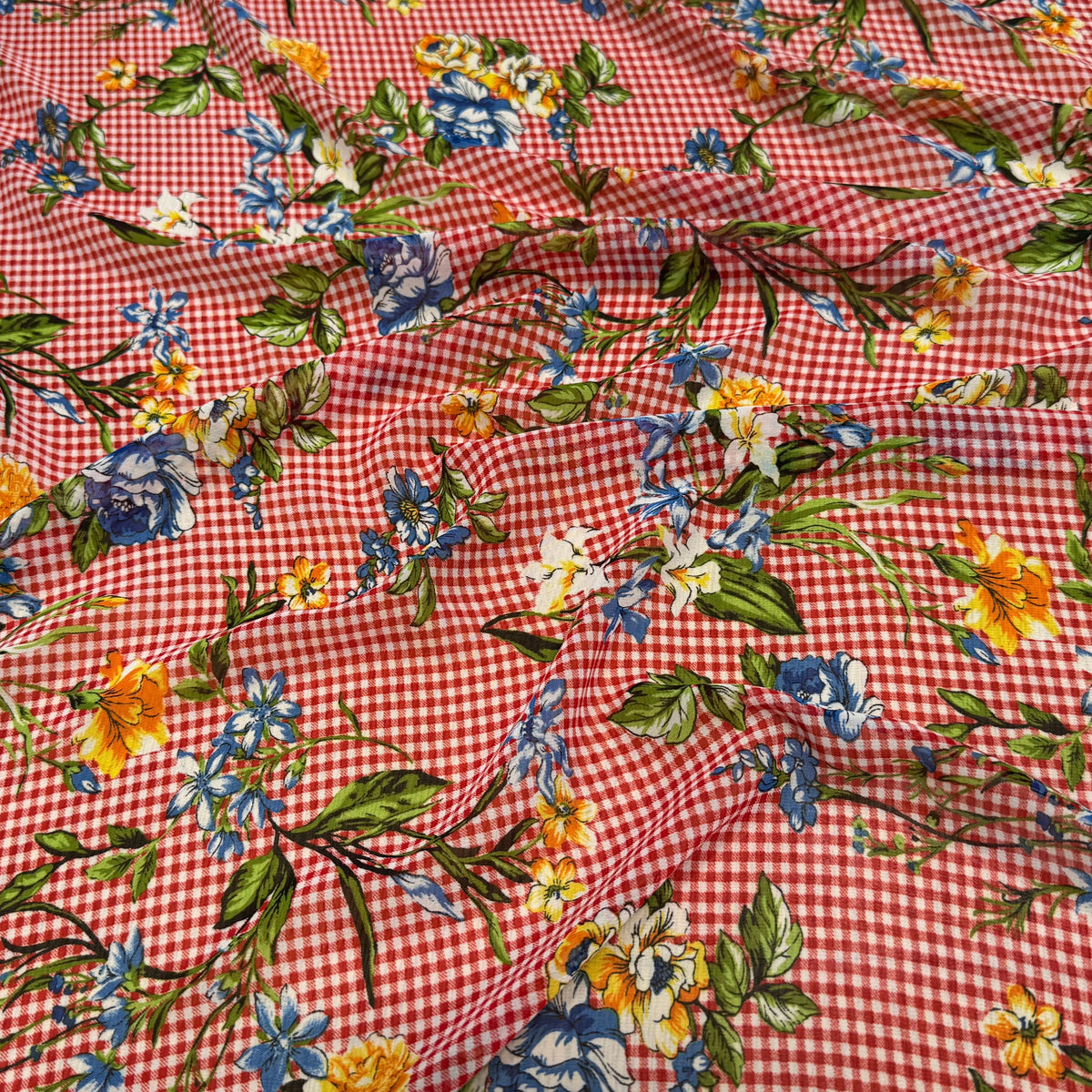 CHIFFON VICHY ROUGE FLUIDE GROSSES FLEURS SUPER BEAU - My Little Coupon