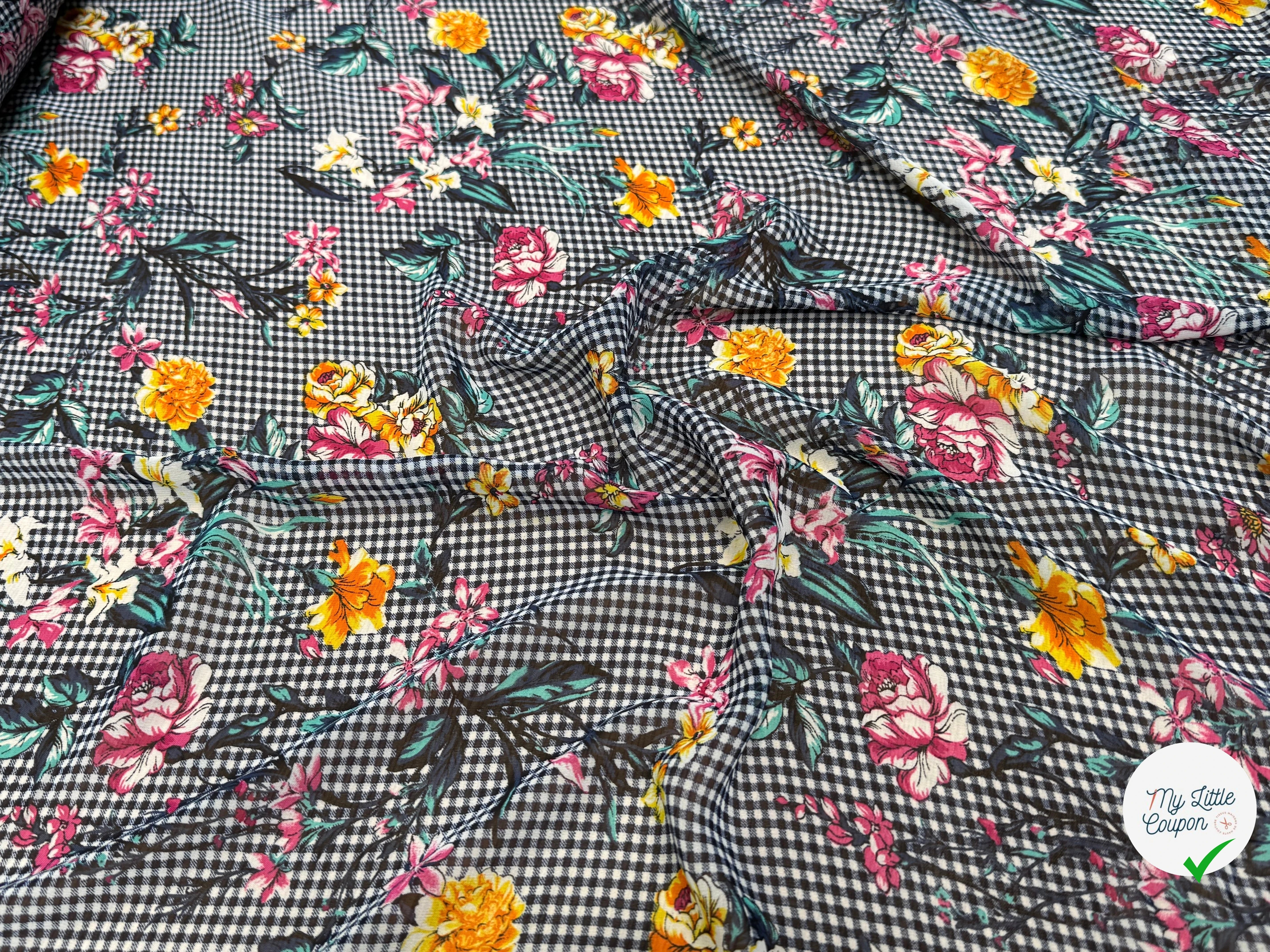 CHIFFON VICHY BLEU FLUIDE GROSSES FLEURS SUPER BEAU - My Little Coupon