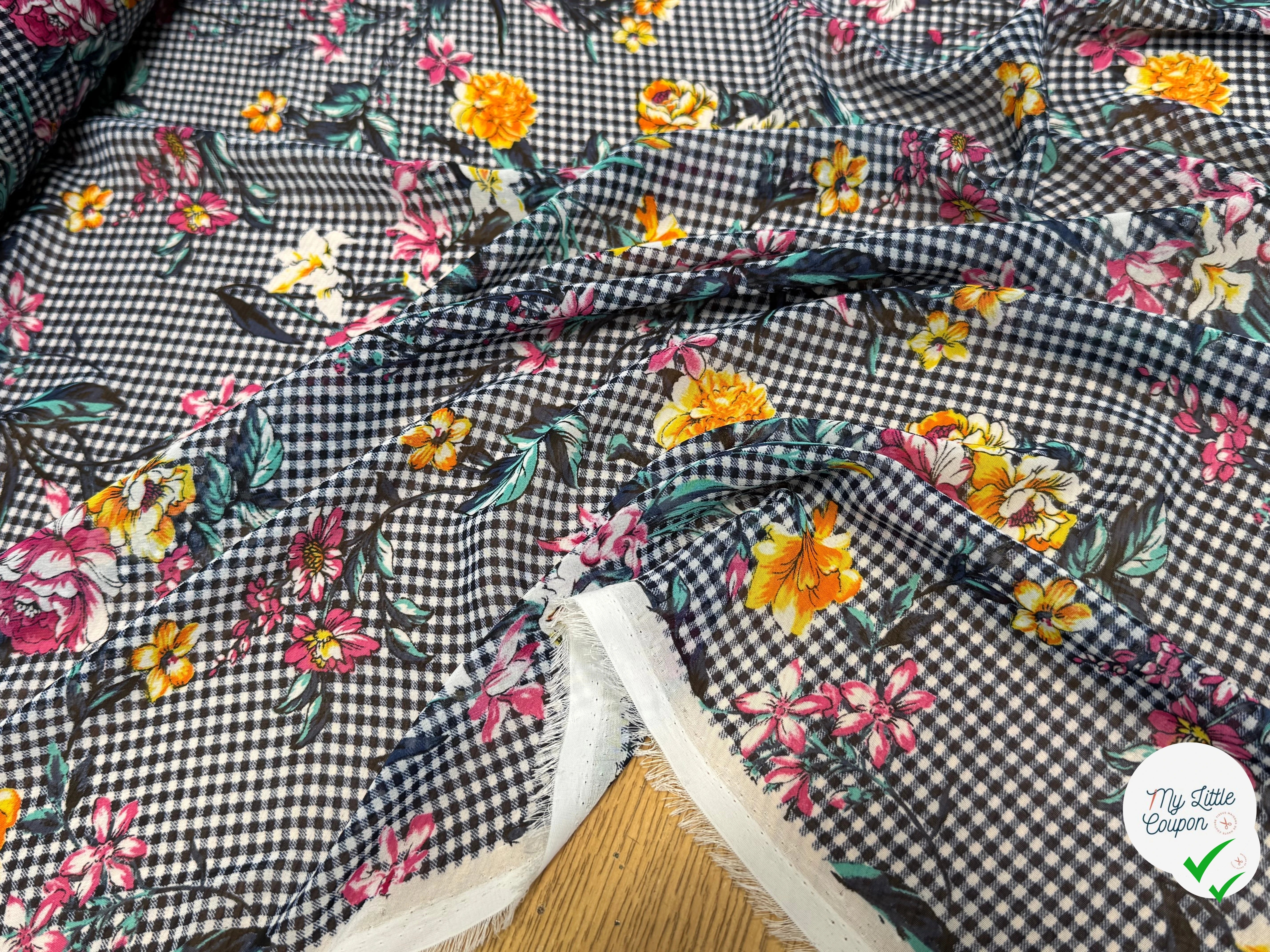 CHIFFON VICHY BLEU FLUIDE GROSSES FLEURS SUPER BEAU - My Little Coupon