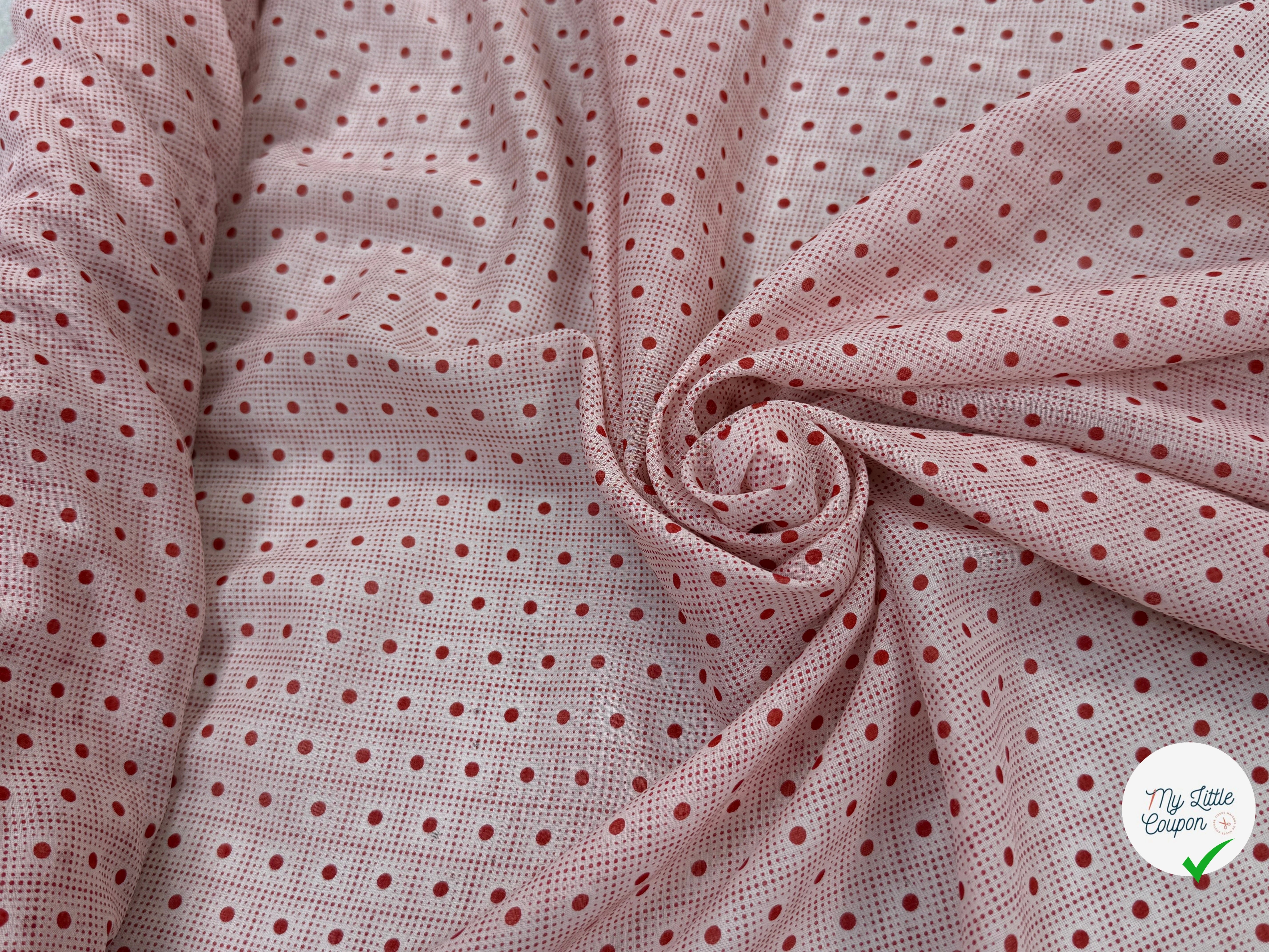 (CHUTE) VOILE DE COTON FOND BEIGE MOTIFS PETITS POIS ROUGES IRREGULIERS - My Little Coupon