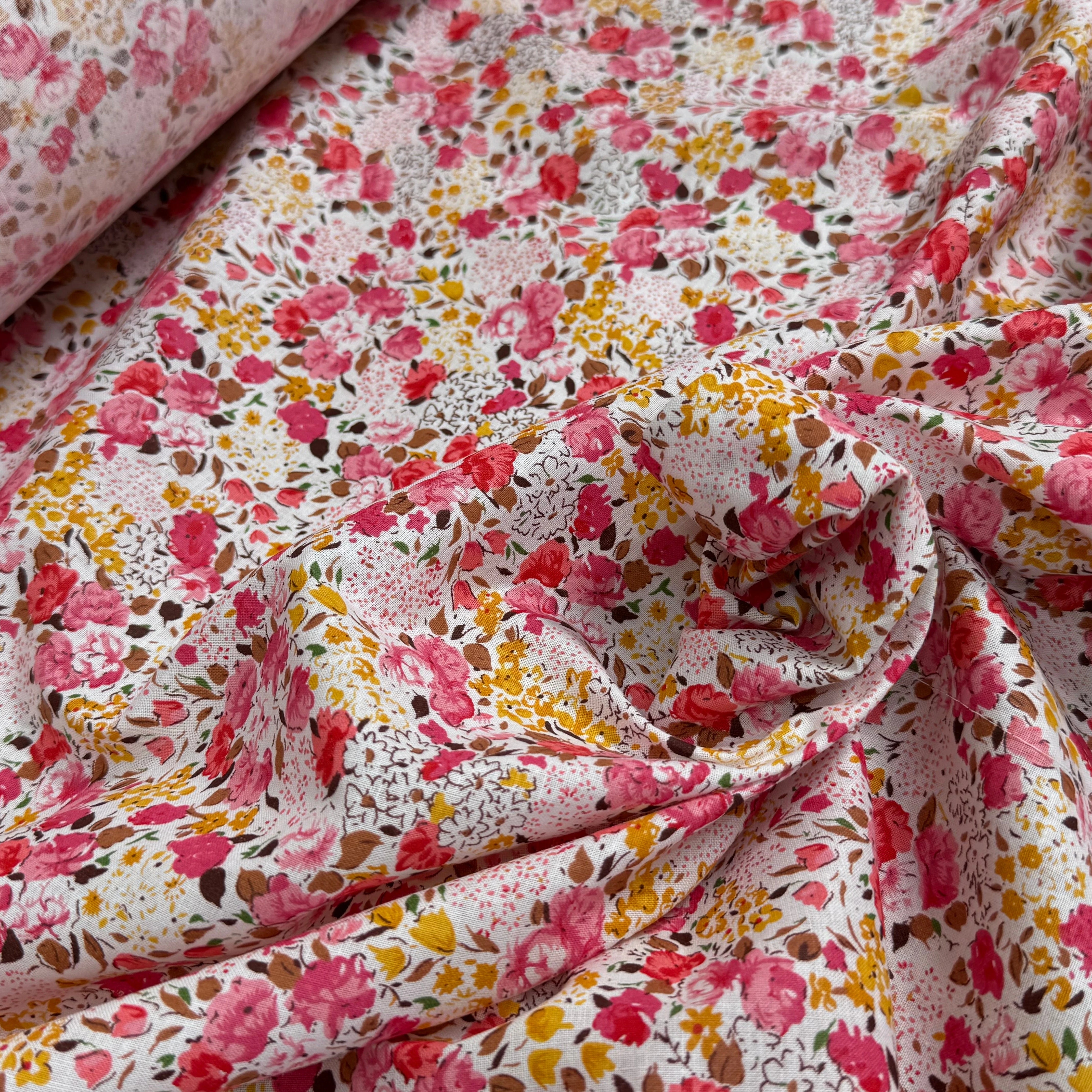 COTON À FLEURS FOND BLANC ROSE ORANGE - My Little Coupon