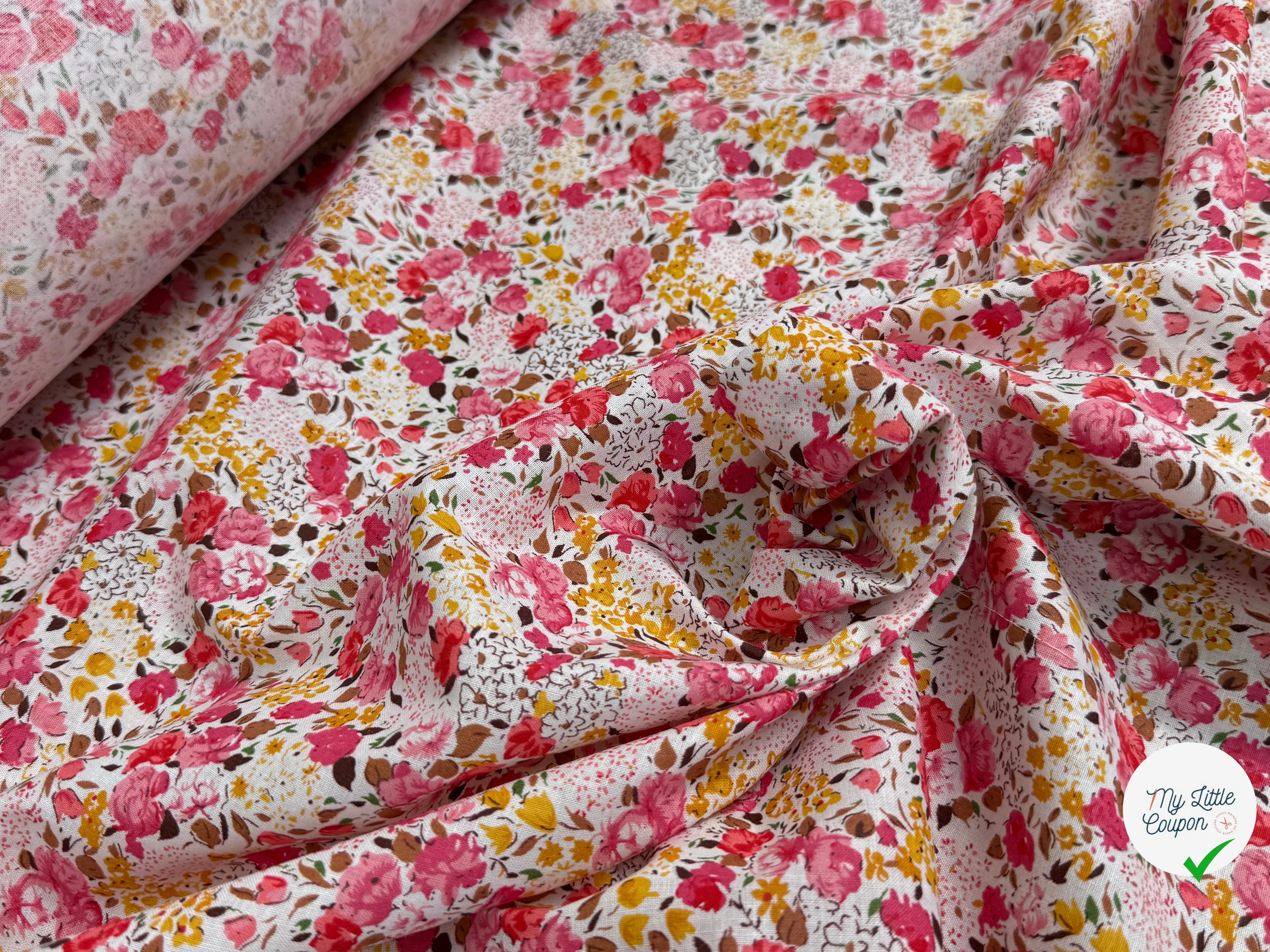 COTON À FLEURS FOND BLANC ROSE ORANGE - My Little Coupon