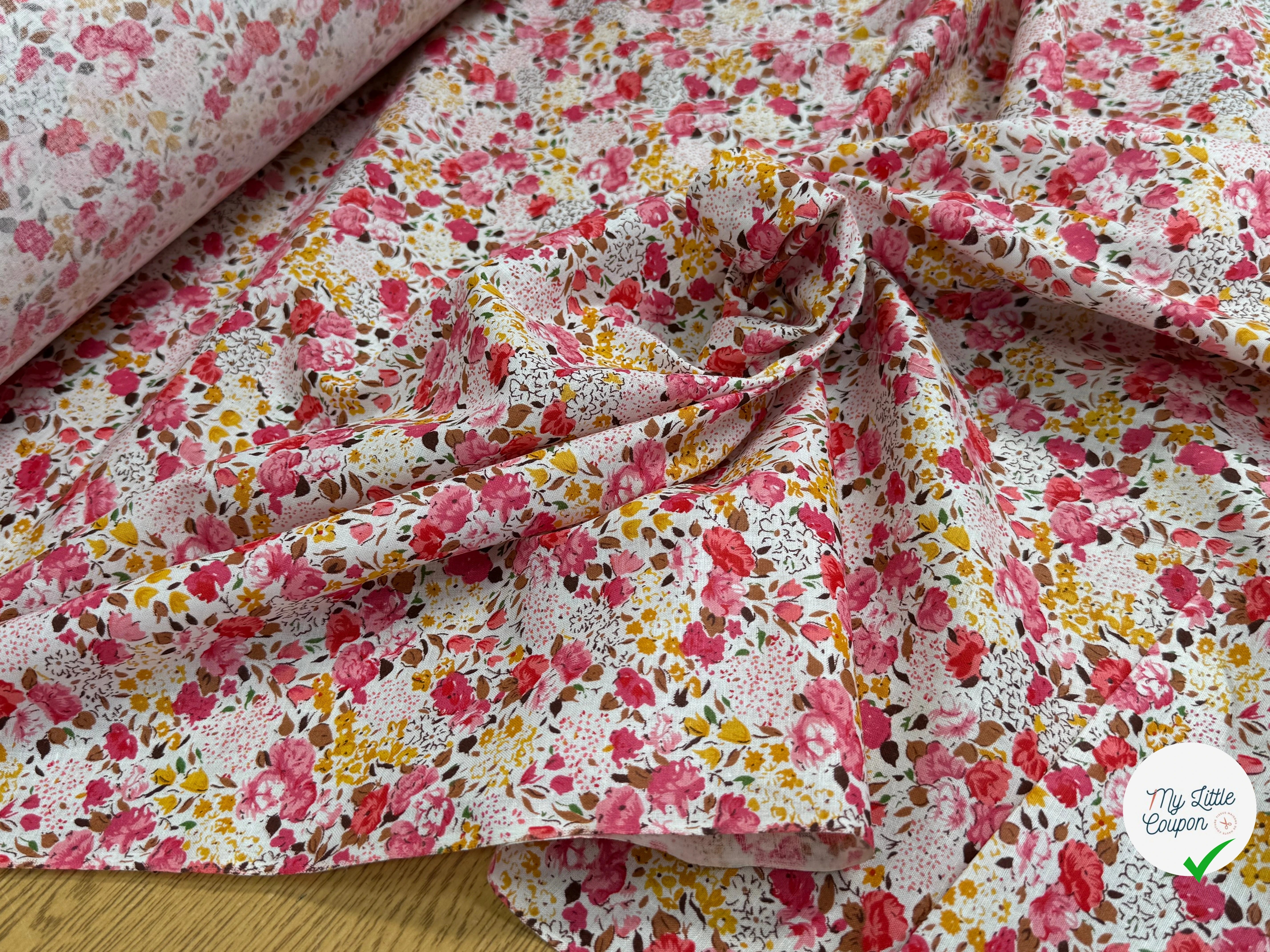 COTON À FLEURS FOND BLANC ROSE ORANGE - My Little Coupon
