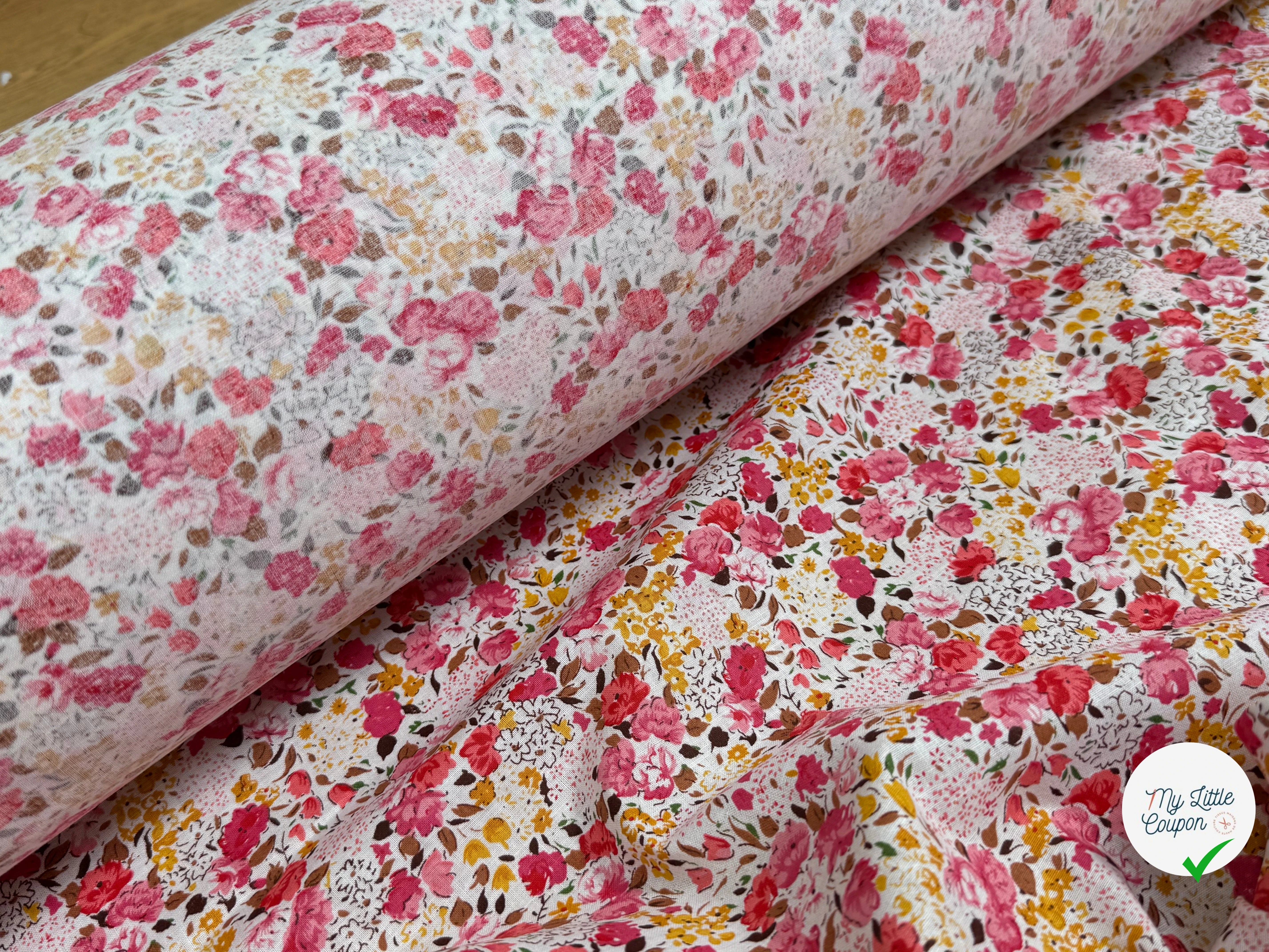 COTON À FLEURS FOND BLANC ROSE ORANGE - My Little Coupon