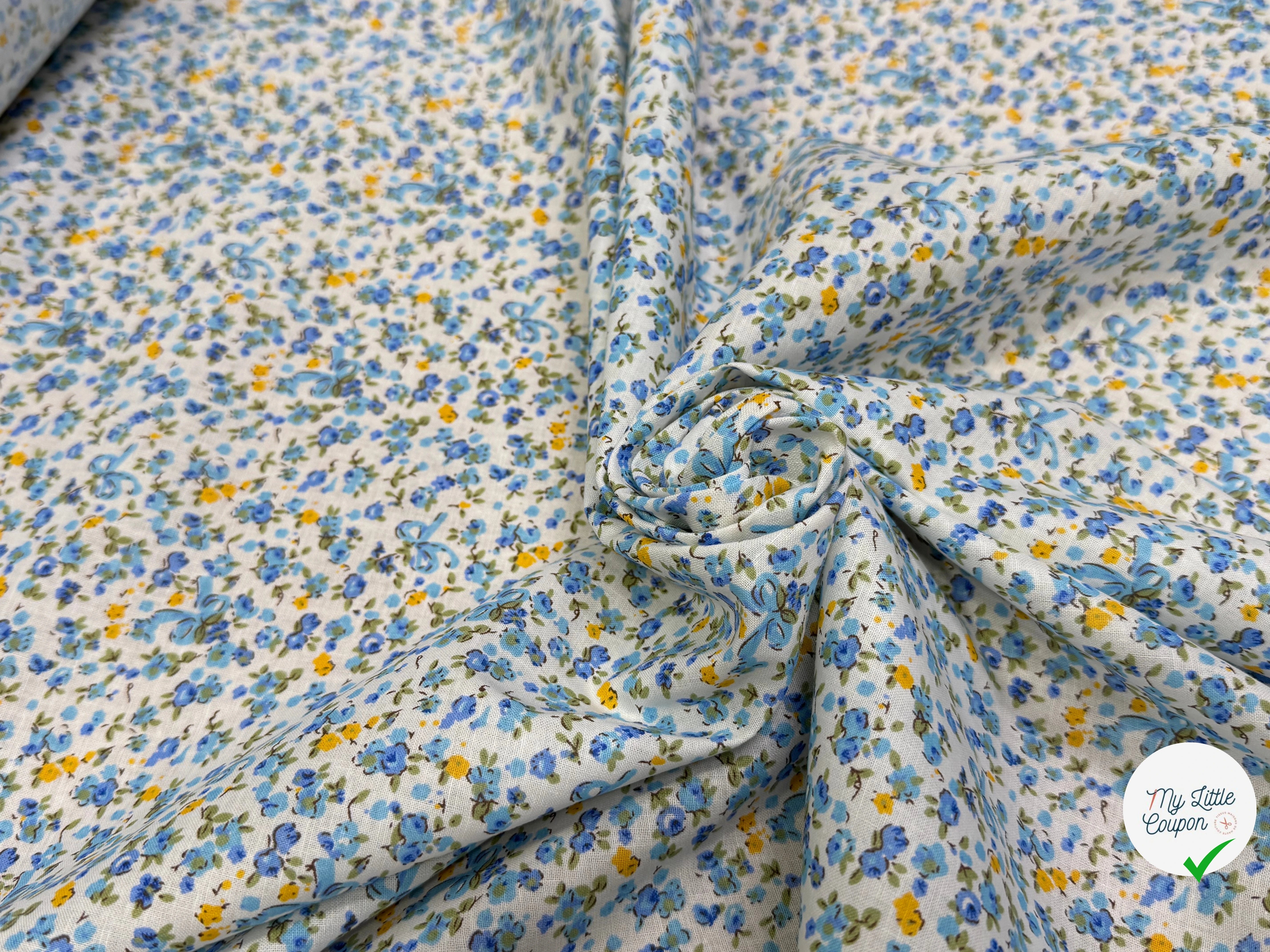 COTON FLEURS JAUNE BLEU FOND BLANC - My Little Coupon
