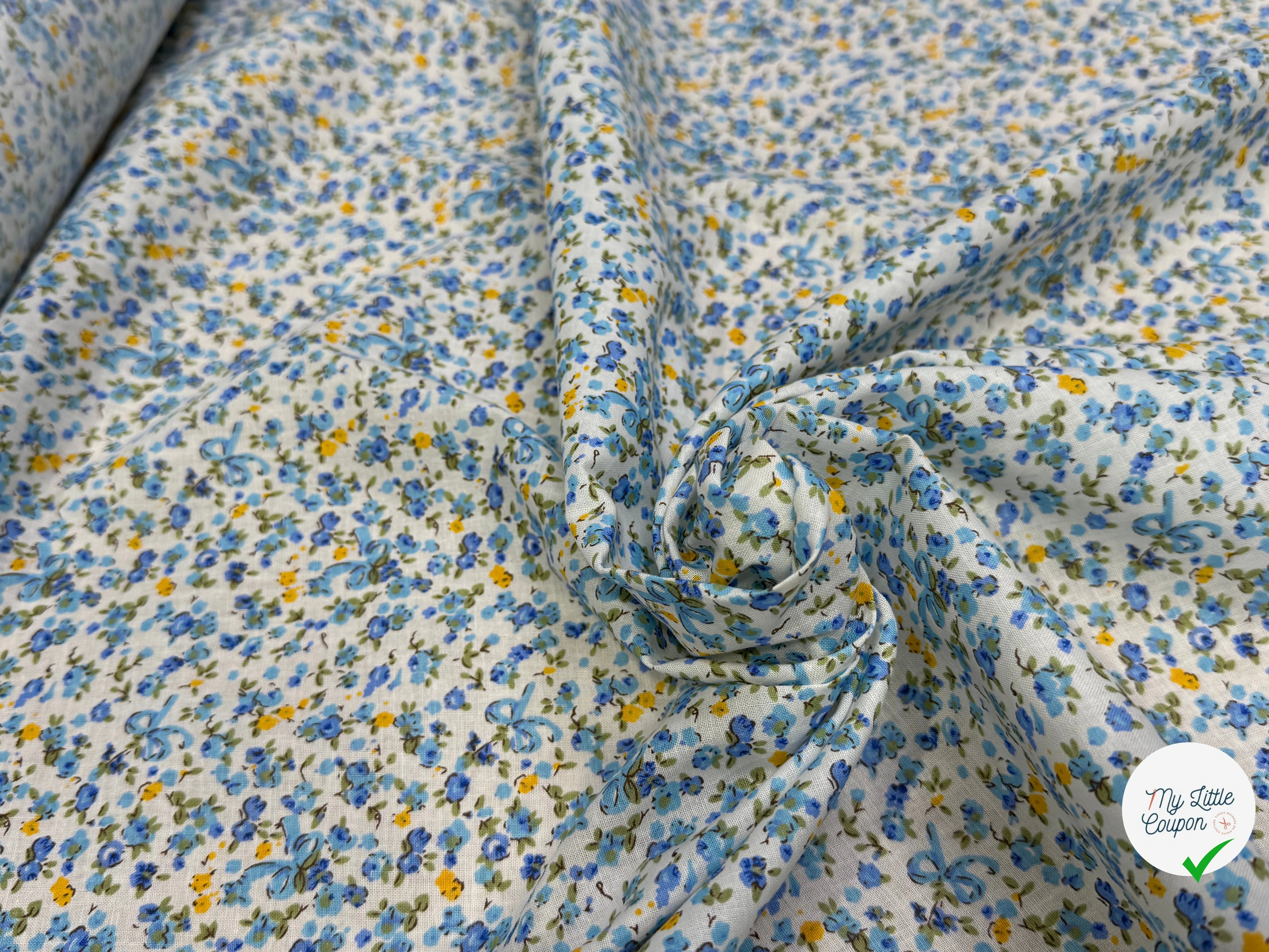COTON FLEURS JAUNE BLEU FOND BLANC - My Little Coupon