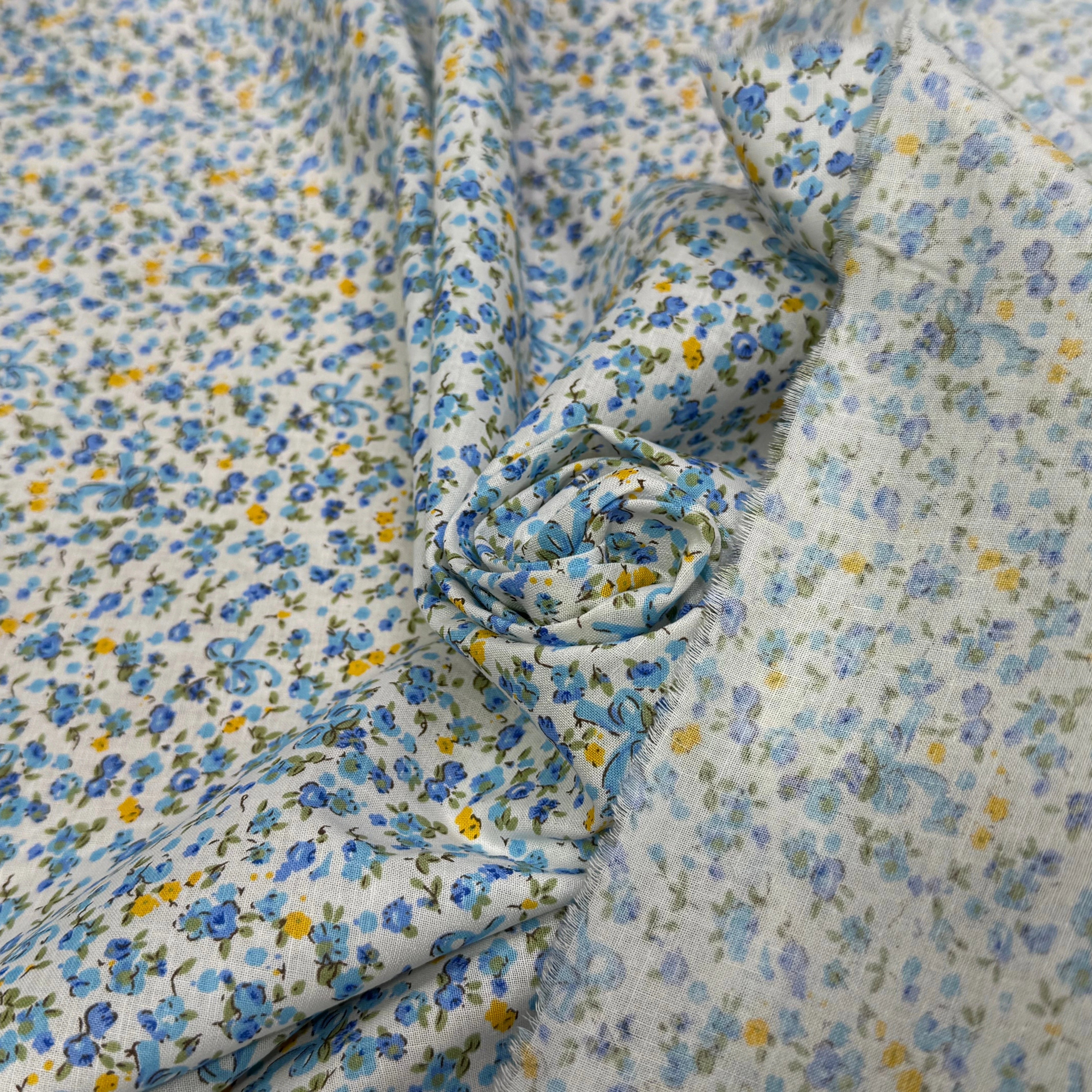 COTON FLEURS JAUNE BLEU FOND BLANC - My Little Coupon