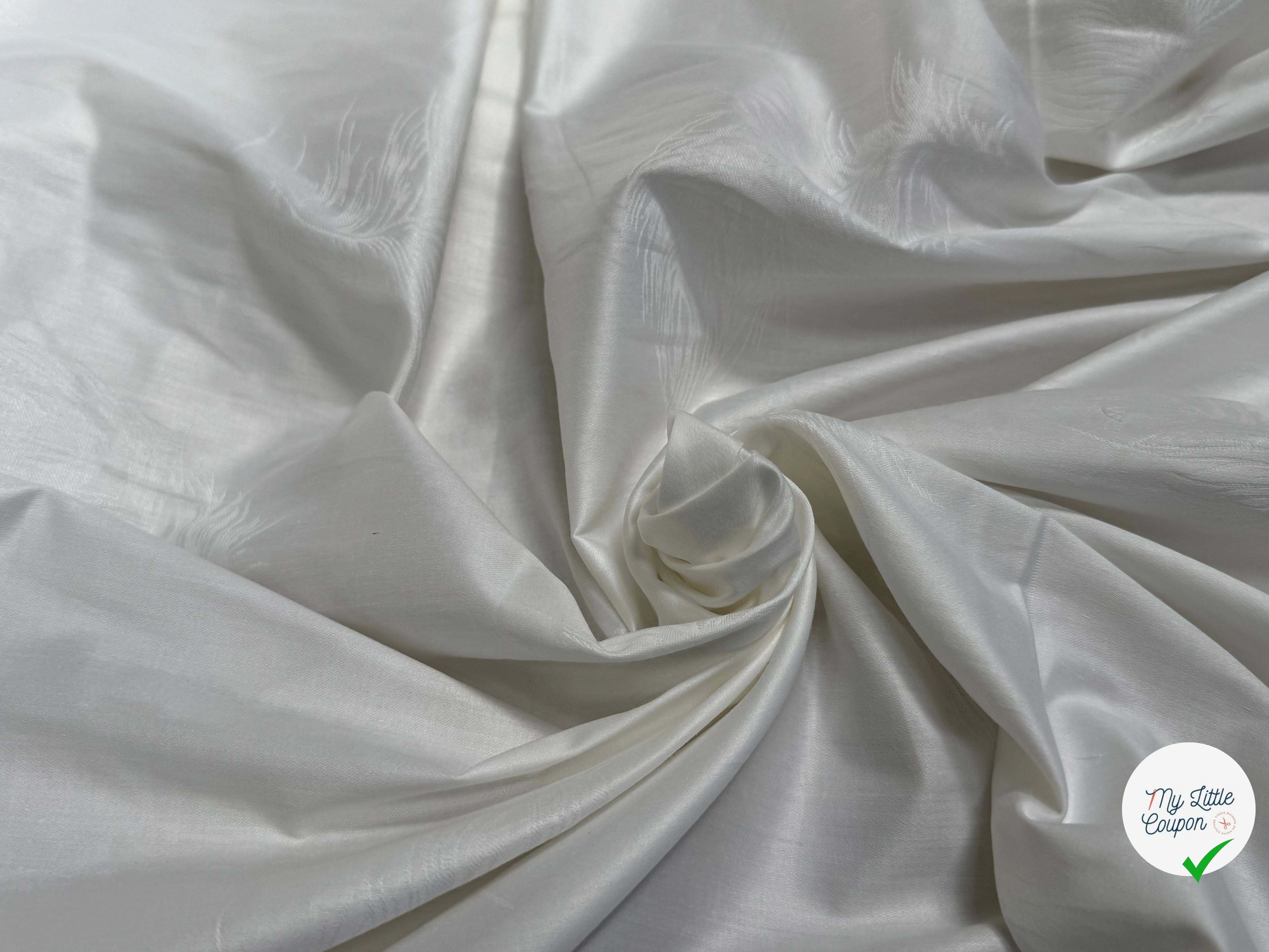 COTON JACQUARD DAMASSÉ BLANC MOTIFS PLUMES 280 DE LAIZE SOFT TOUCHÉ LÉGÈREMENT SATINÉ - My Little Coupon