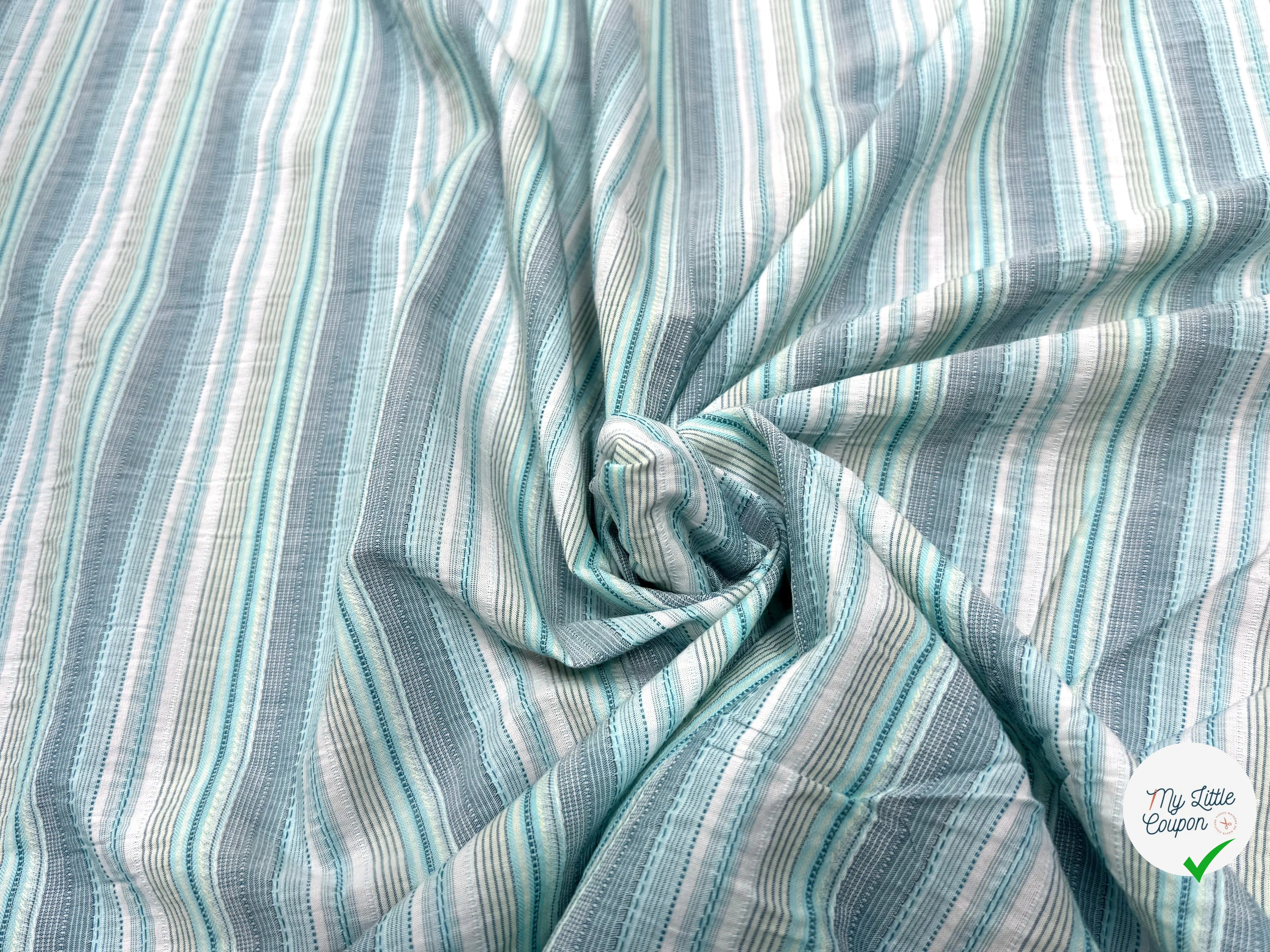 COTON SEMI-GAUFFRÉ À RAYURES TISSÉES BLEU VERT - My Little Coupon