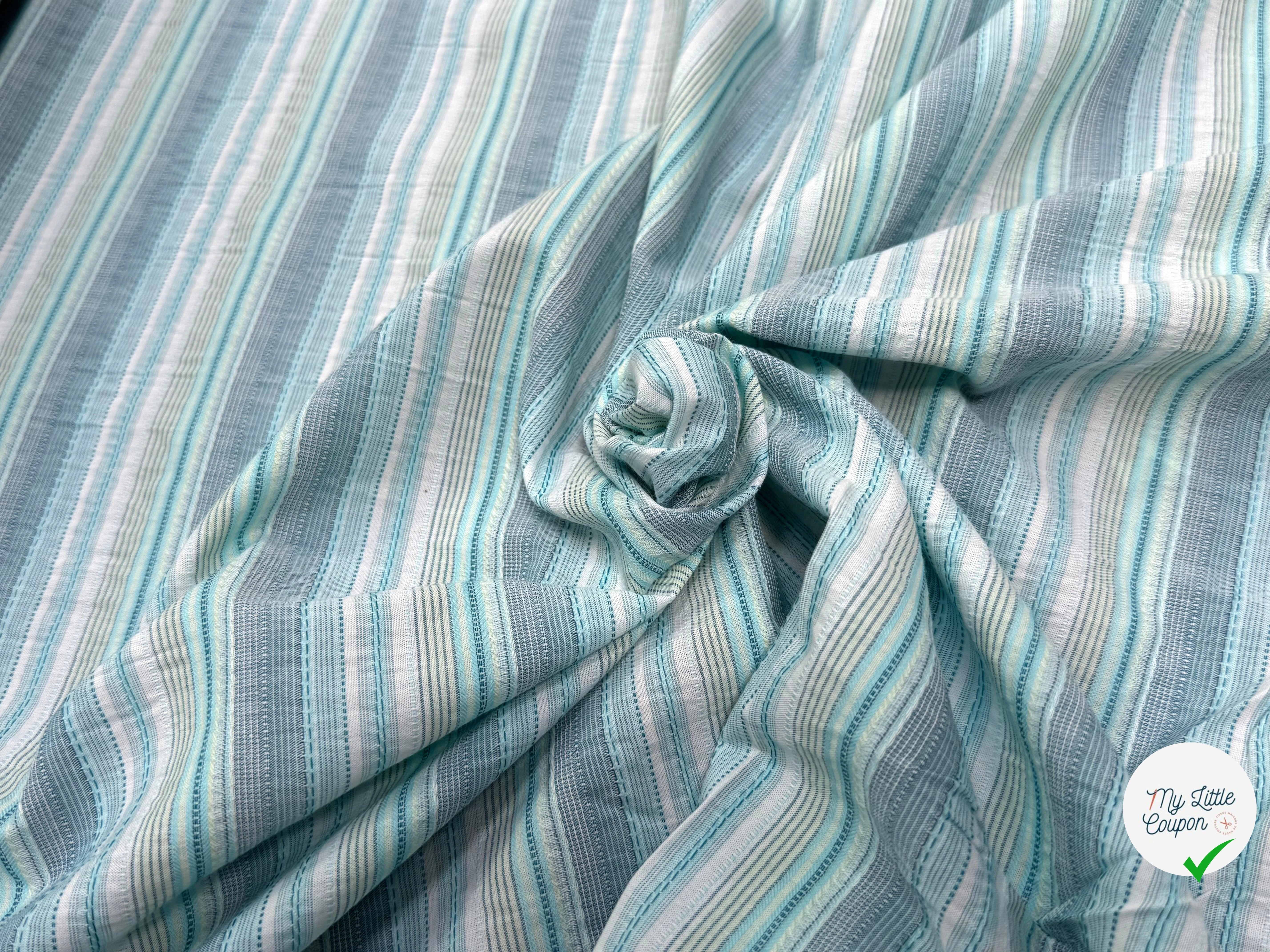 COTON SEMI-GAUFFRÉ À RAYURES TISSÉES BLEU VERT - My Little Coupon