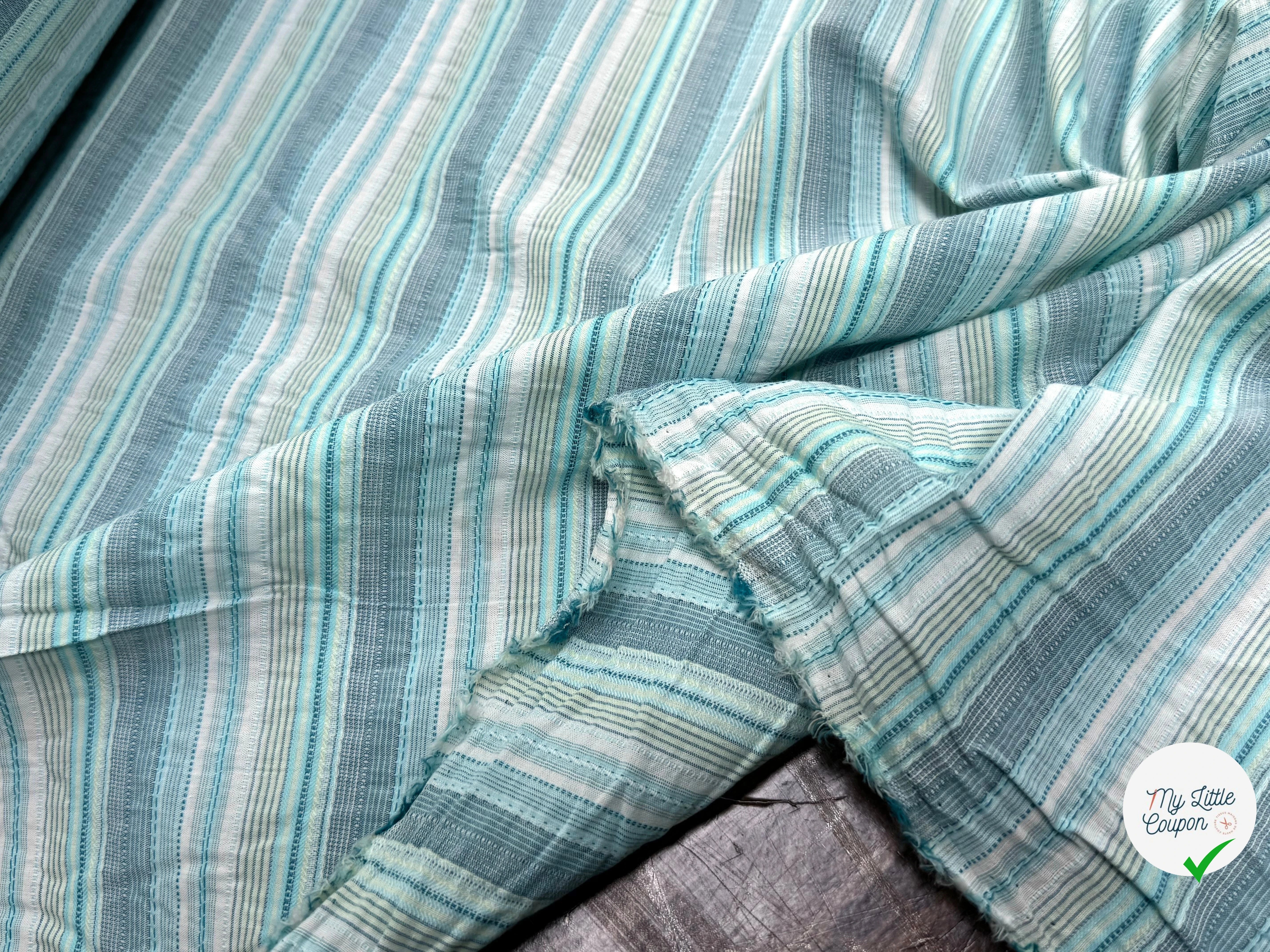 COTON SEMI-GAUFFRÉ À RAYURES TISSÉES BLEU VERT - My Little Coupon