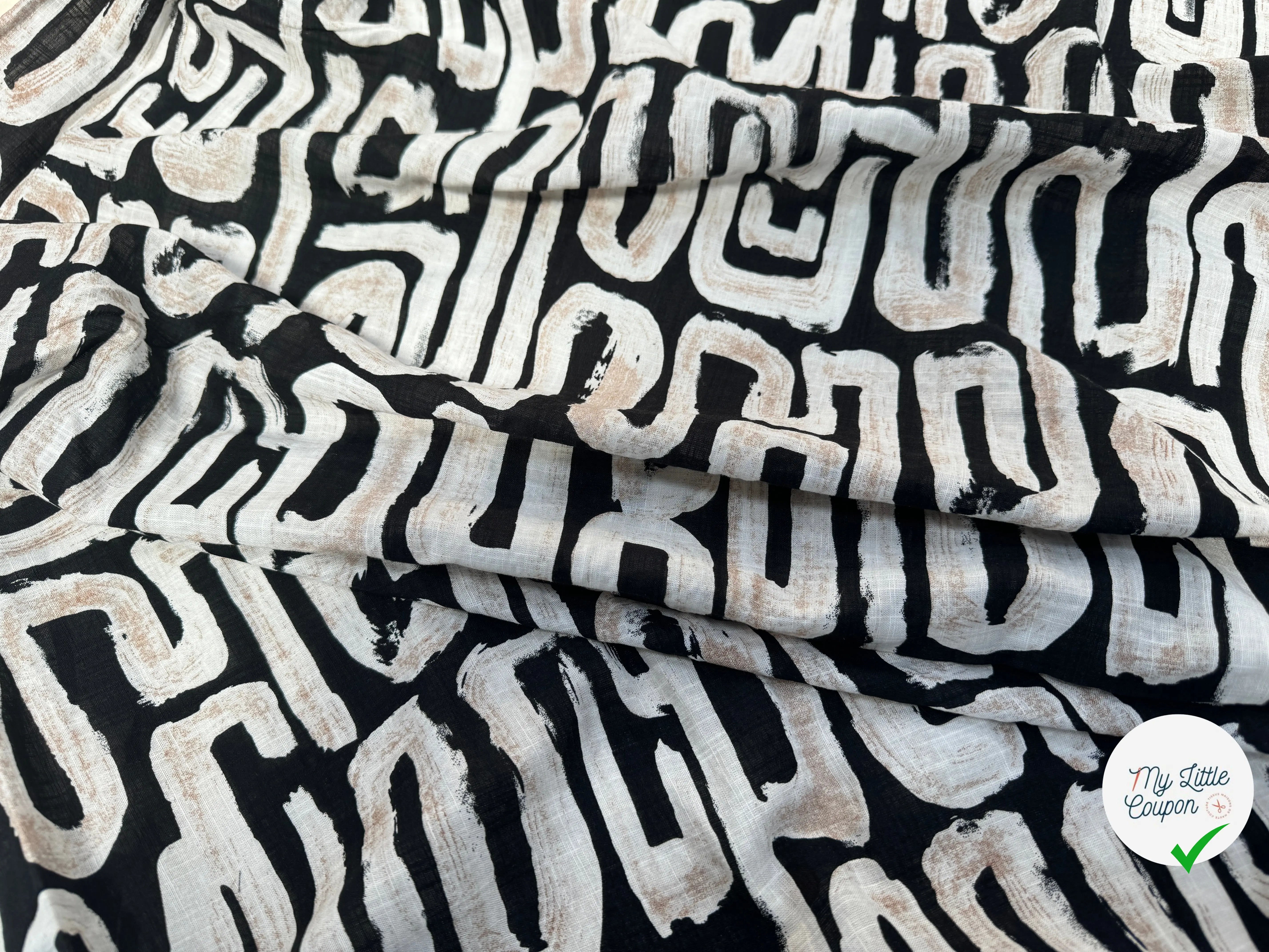 COTON VISCOSE EN CHAINE ET TRAME TISSU SLUB IMPRIMÉ ABSTRAIT NOIR - My Little Coupon