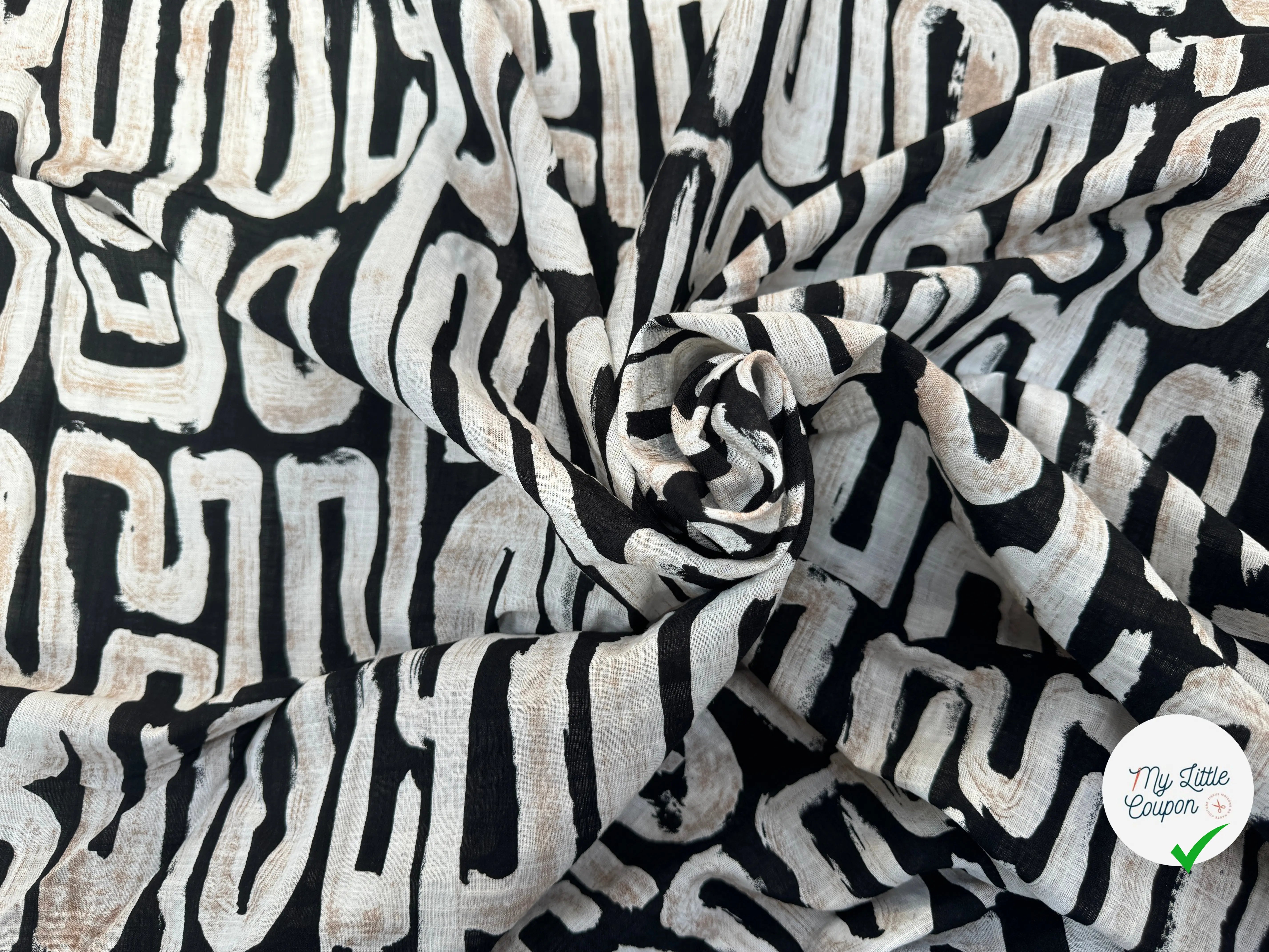 COTON VISCOSE EN CHAINE ET TRAME TISSU SLUB IMPRIMÉ ABSTRAIT NOIR - My Little Coupon