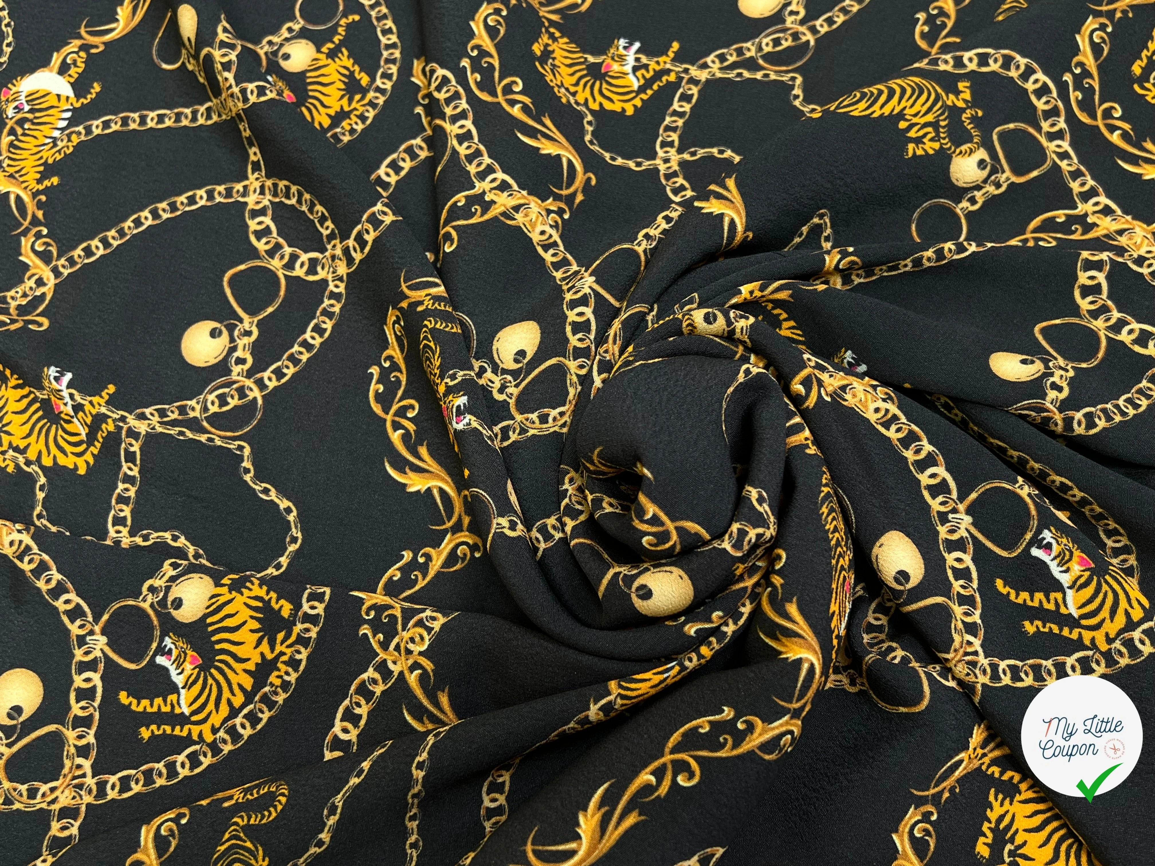 CREPE 100% VISCOSE MAROCAINE FOND NOIR IMPRIMÉ TIGER & CHAINS - My Little Coupon