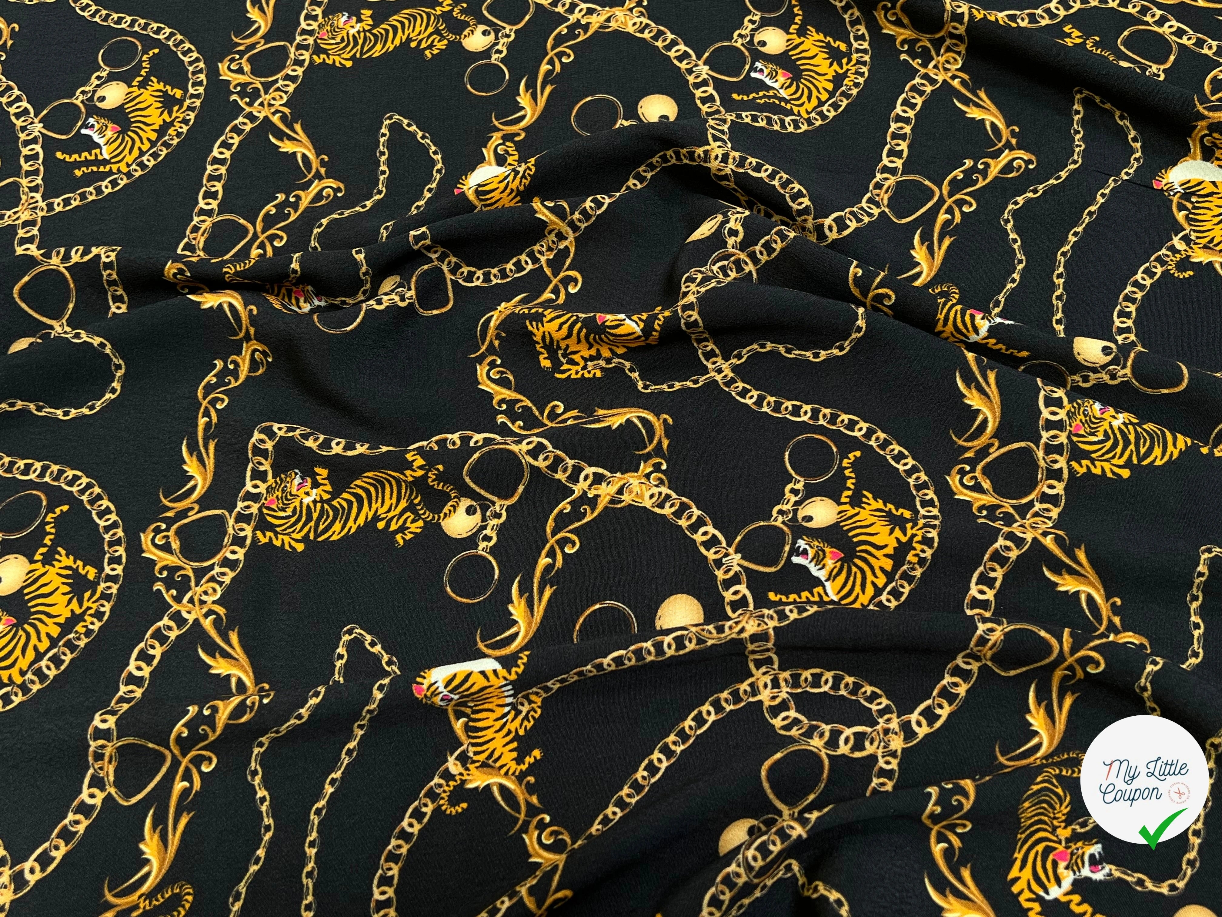 CREPE 100% VISCOSE MAROCAINE FOND NOIR IMPRIMÉ TIGER & CHAINS - My Little Coupon