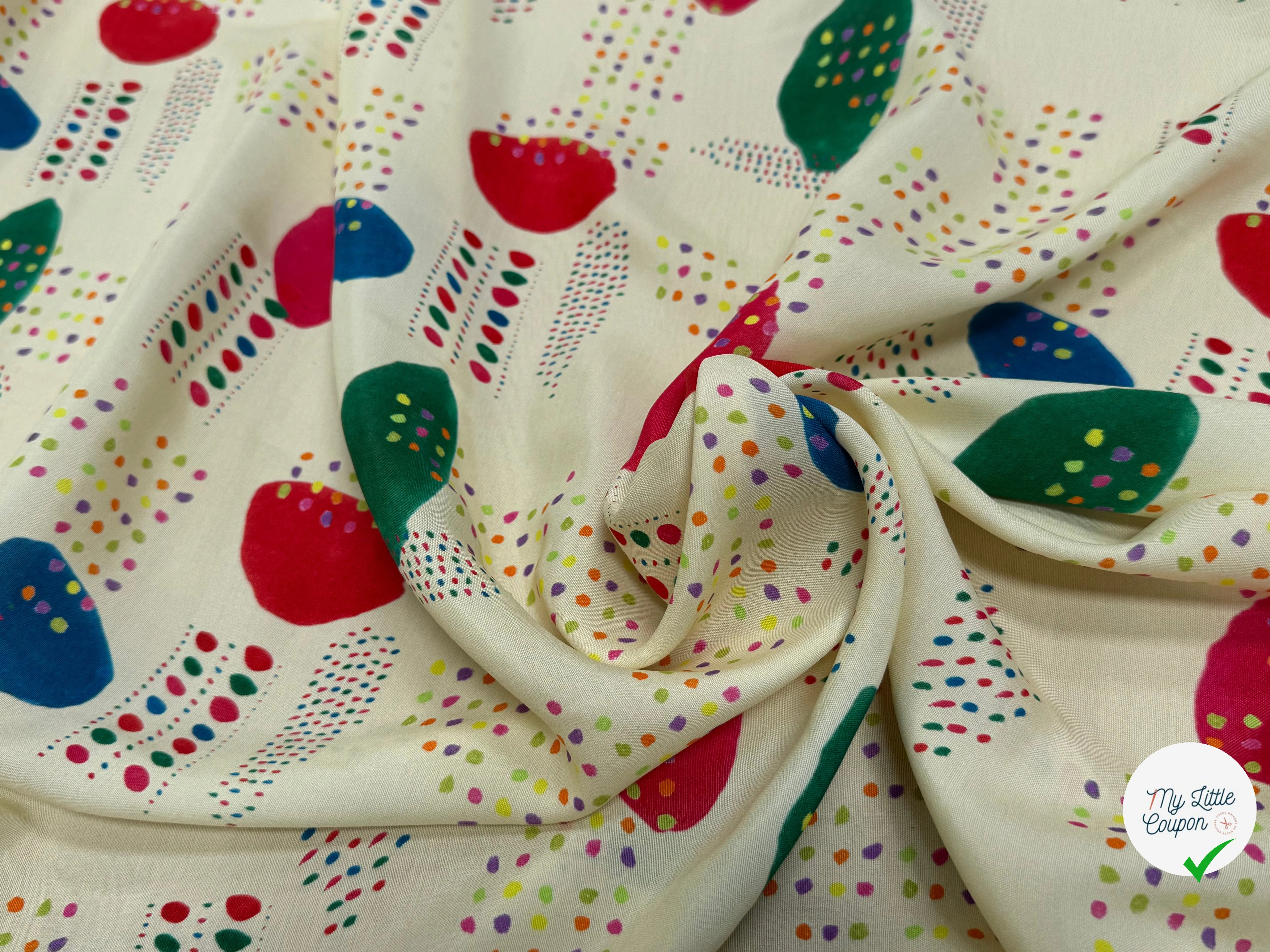 CRÊPE DE VISCOSE ÉCRU IMPRIMÉ POIS MULTICOLORES FANTASY DISPATCH - My Little Coupon