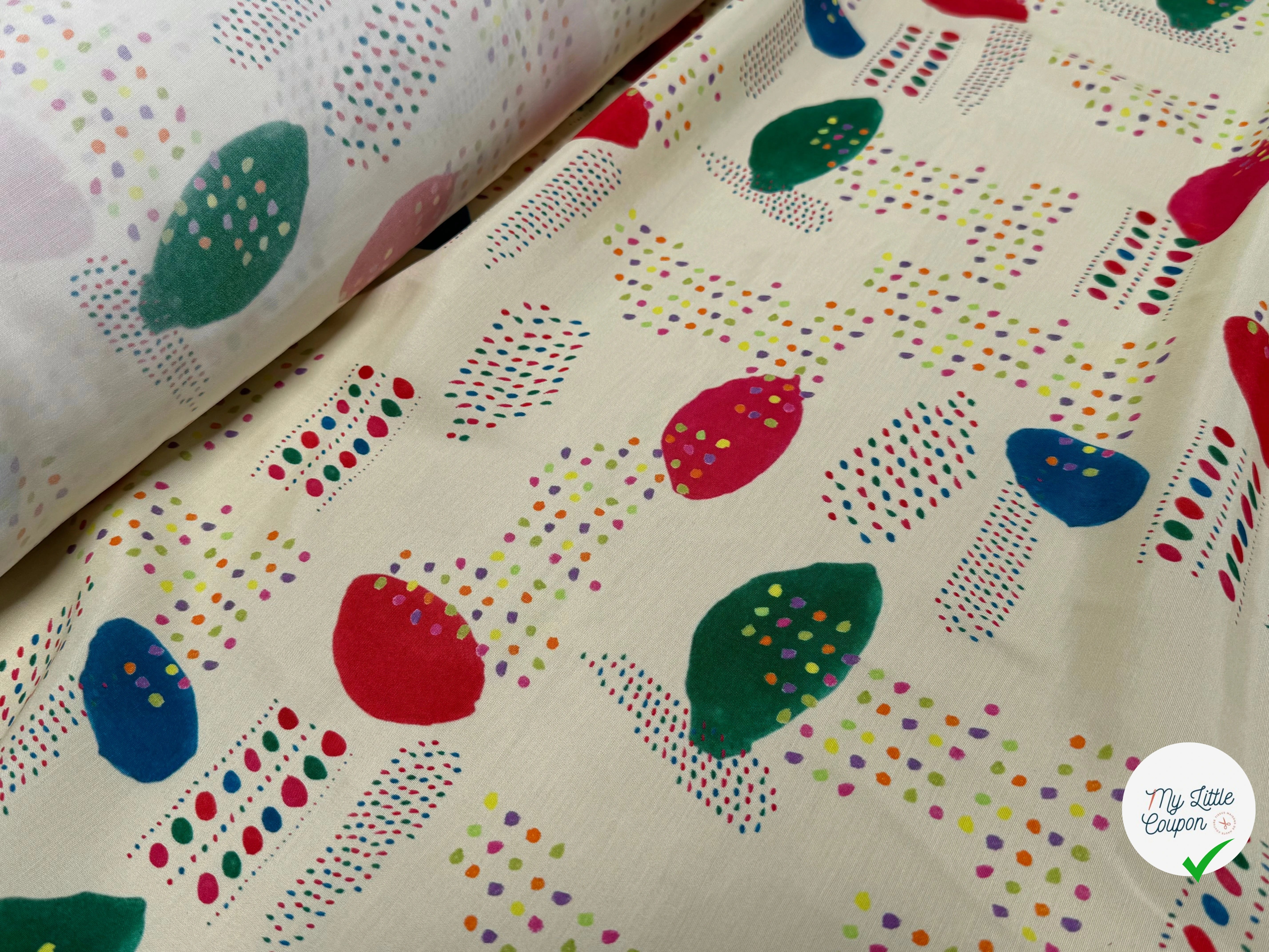 CRÊPE DE VISCOSE ÉCRU IMPRIMÉ POIS MULTICOLORES FANTASY DISPATCH - My Little Coupon