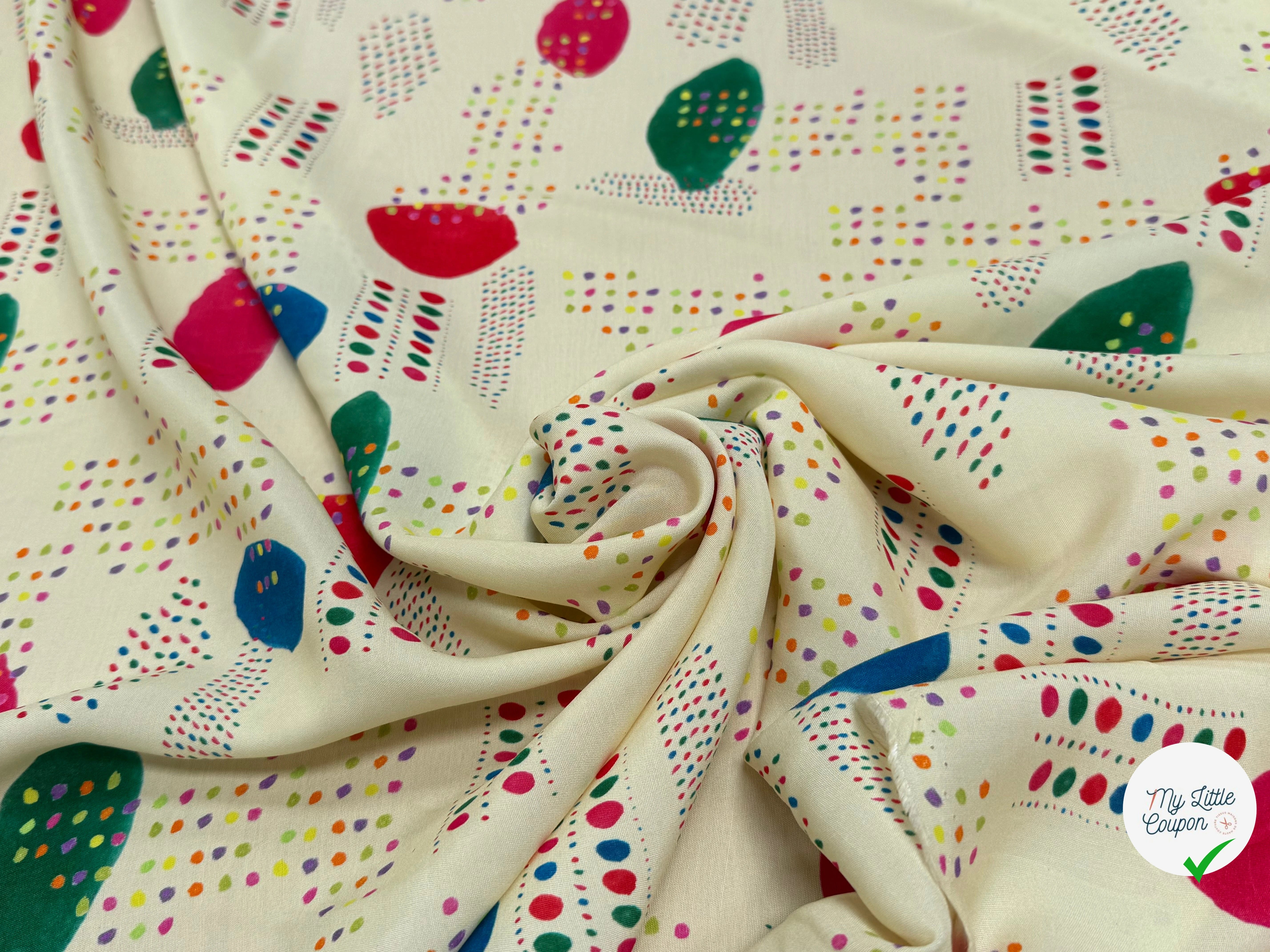CRÊPE DE VISCOSE ÉCRU IMPRIMÉ POIS MULTICOLORES FANTASY DISPATCH - My Little Coupon