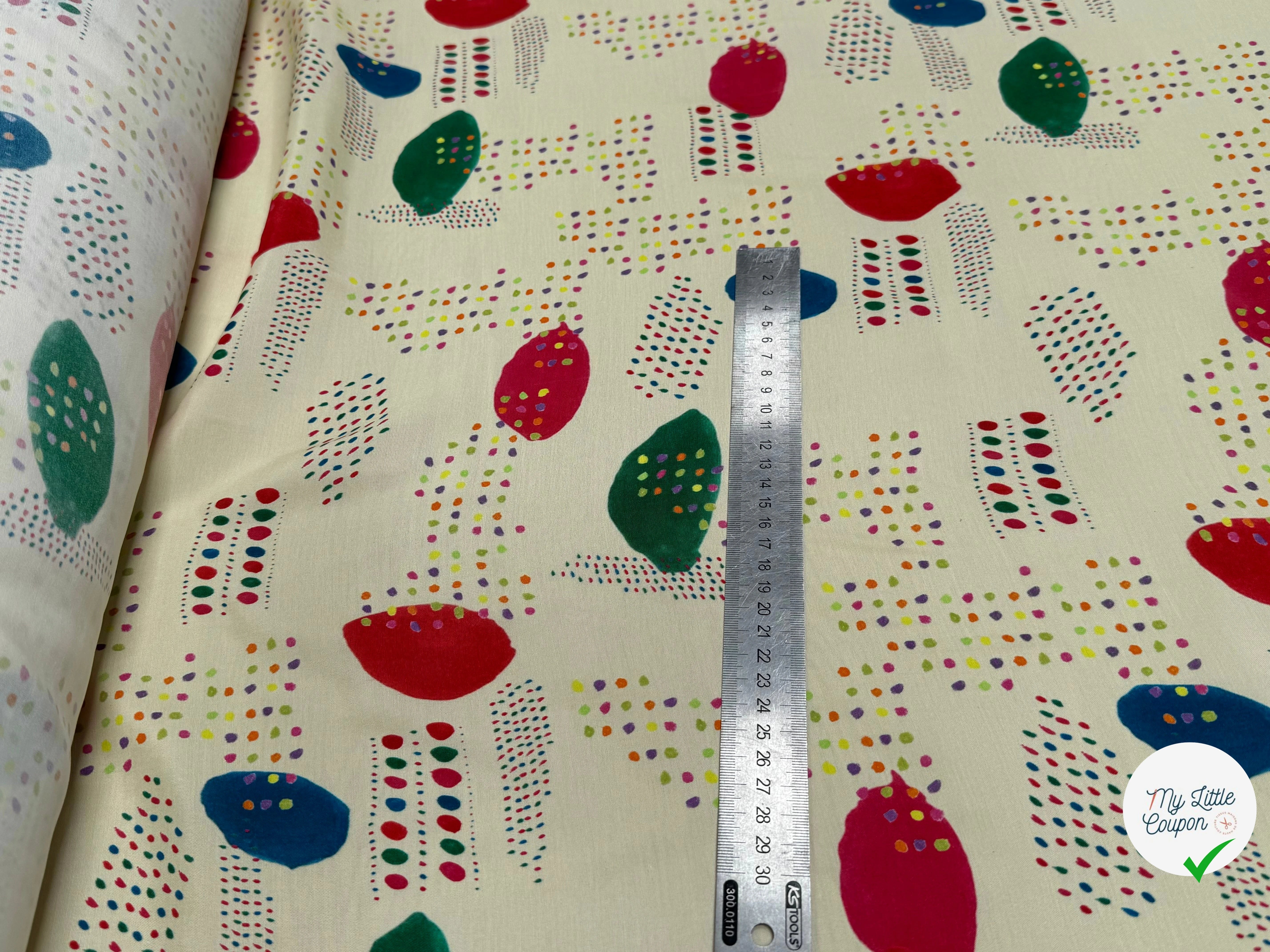 CRÊPE DE VISCOSE ÉCRU IMPRIMÉ POIS MULTICOLORES FANTASY DISPATCH - My Little Coupon