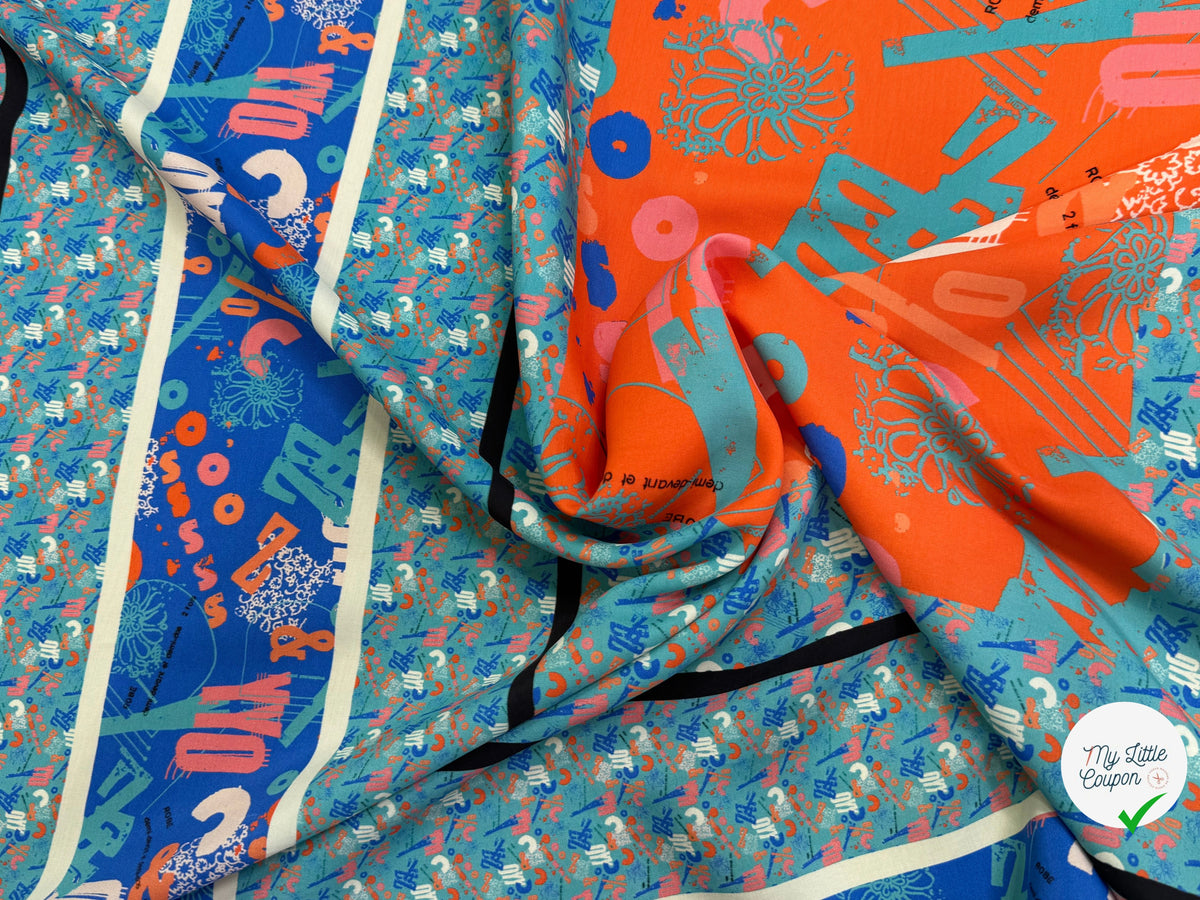 CRÊPE DE VISCOSE FLUIDE IMPRIMÉ TYPOGRAPHIQUE BLEU ET ORANGE FANTASY TYPO ORANGE - My Little Coupon