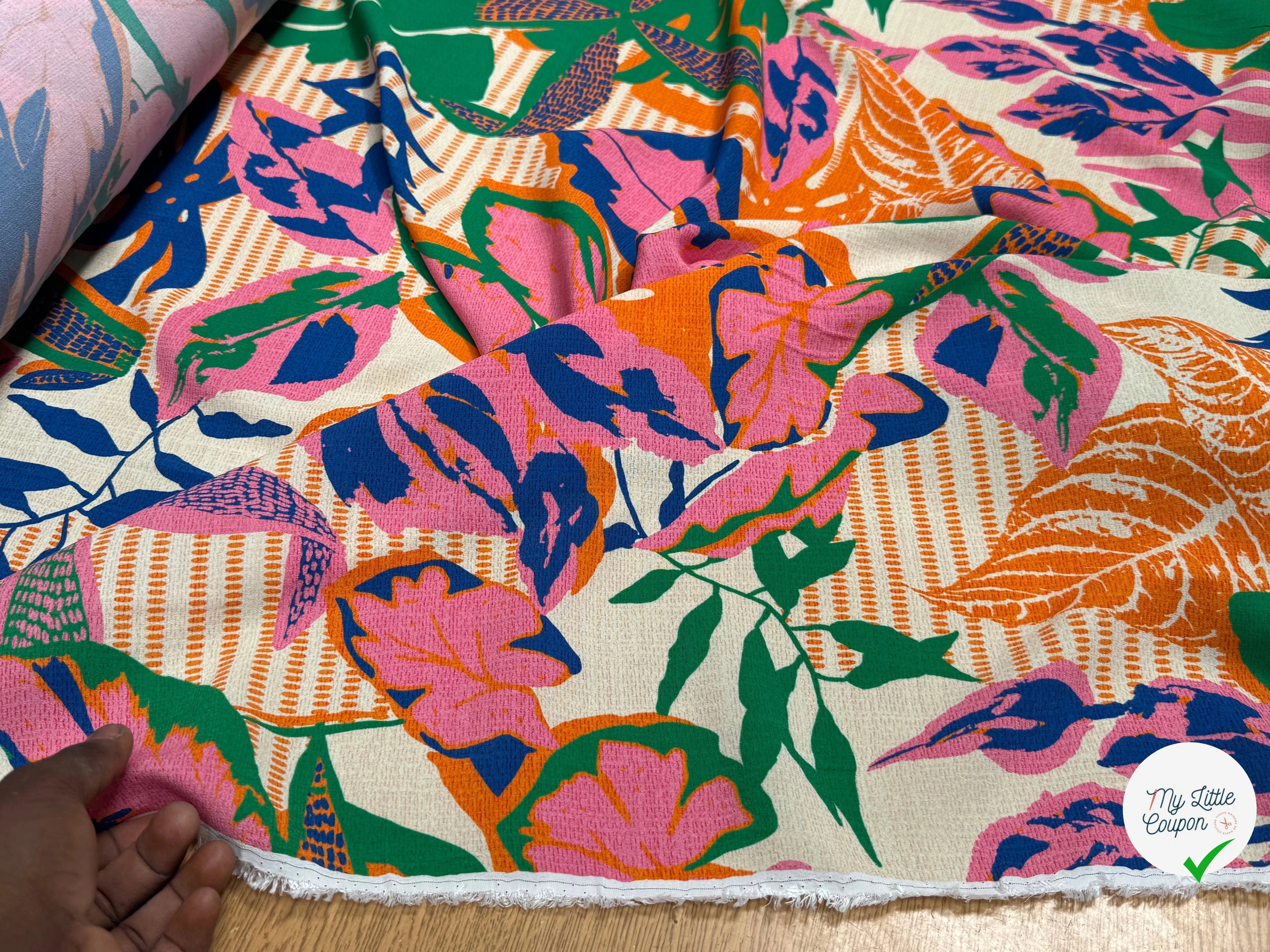 TISSU SEERSUCKER DE COTON IMPRIMÉ VÉGÉTAL BRIQUE LOTUS FOREST BRIQUE - My Little Coupon