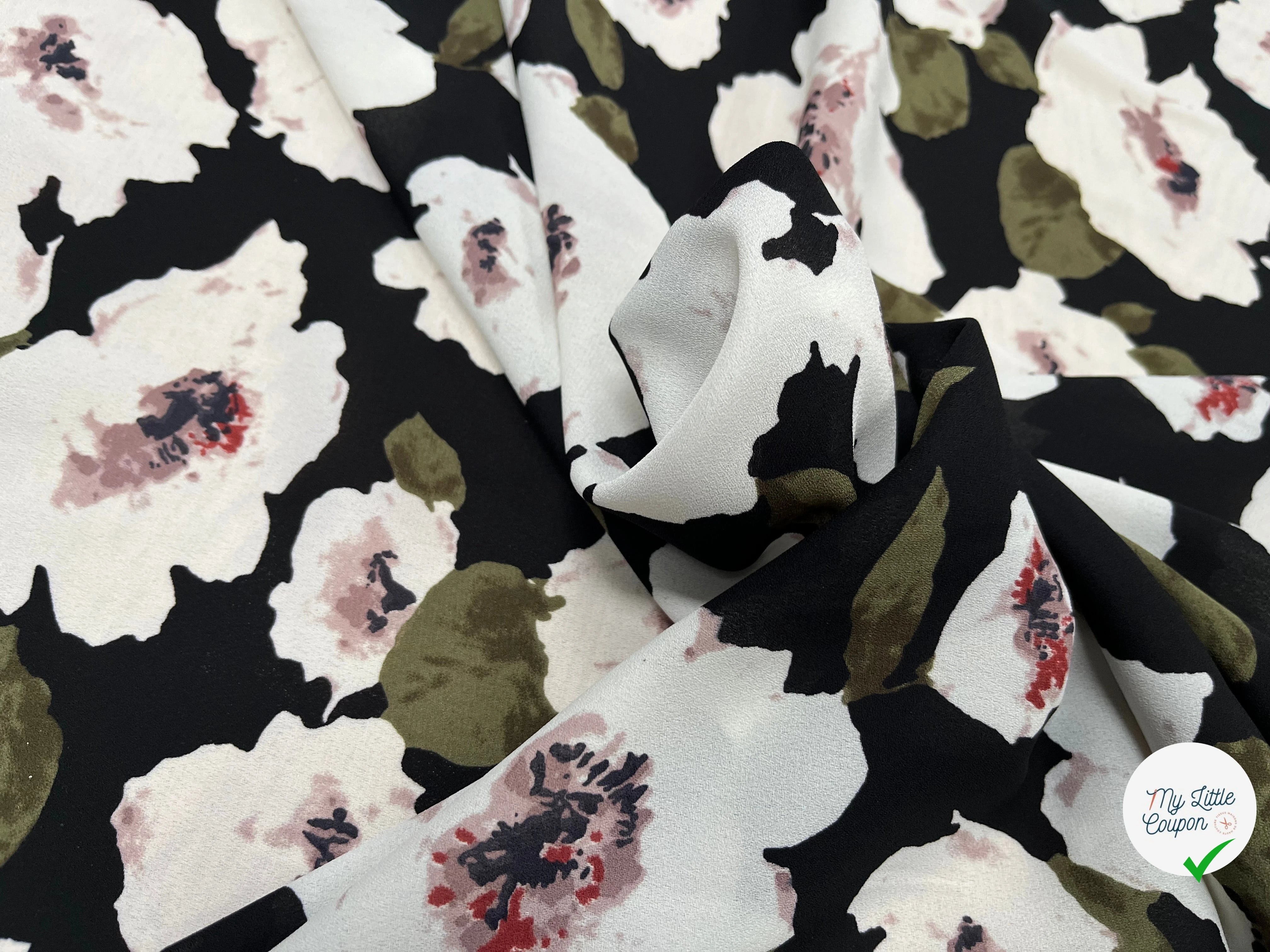 CREPE FLUIDE IMPRIMÉ GROSSES FLEURES SUR FOND NOIR - My Little Coupon