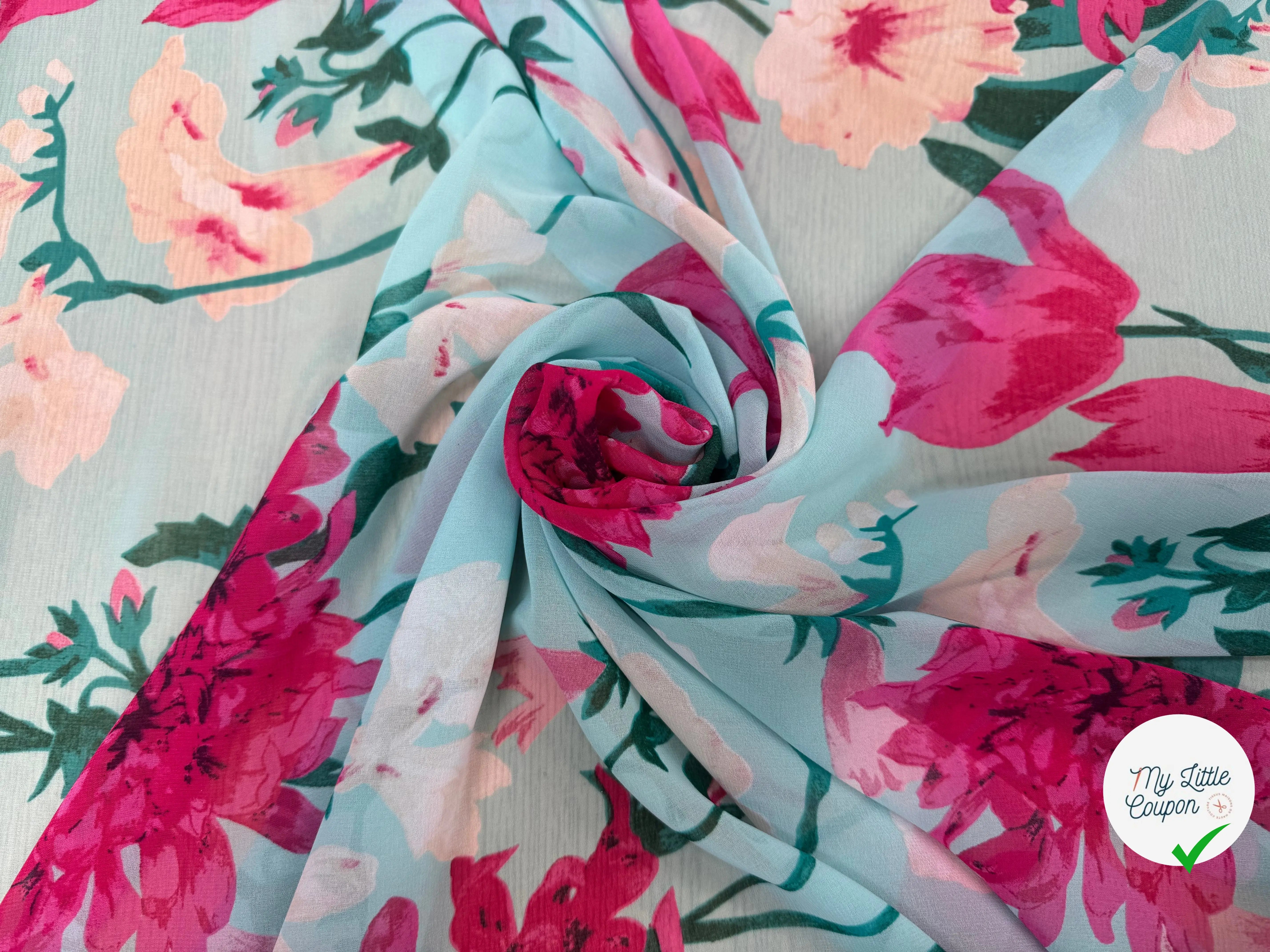 CREPE GOERGETTE FOND BLEU MOTIFS FLEURS ROSE - My Little Coupon